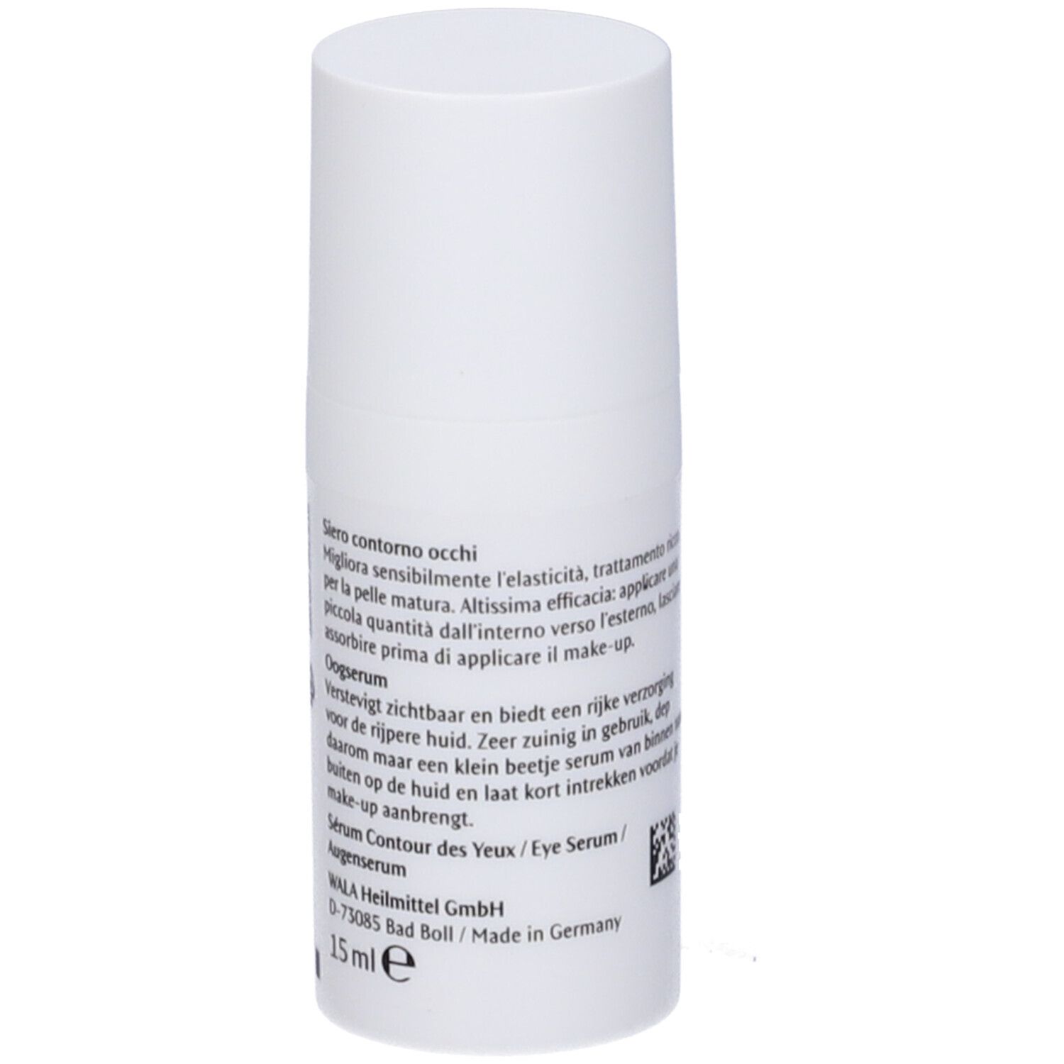 Flacone bianco con testo. Scritta: Siero contorno occhi, Oogserum, 15 ml. Prodotto in Germania.