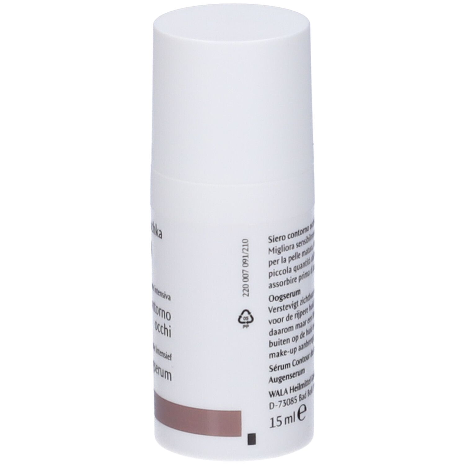 Flacone bianco con testo. Scritta: Siero contorno occhi, Oogserum, 15 ml. Prodotto in Germania.