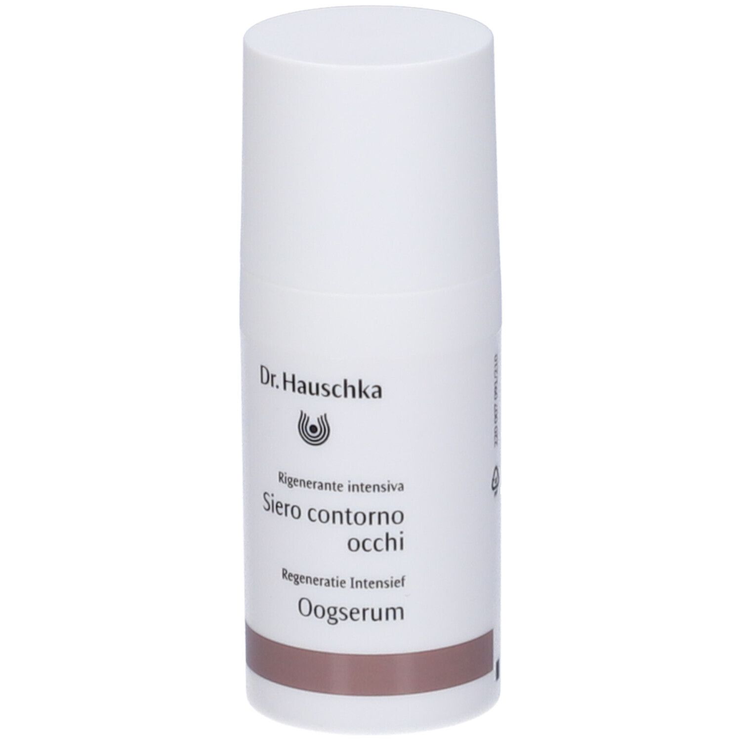 Flacone bianco con fascia marrone. Scritta: Dr. Hauschka, Siero contorno occhi, Oogserum.