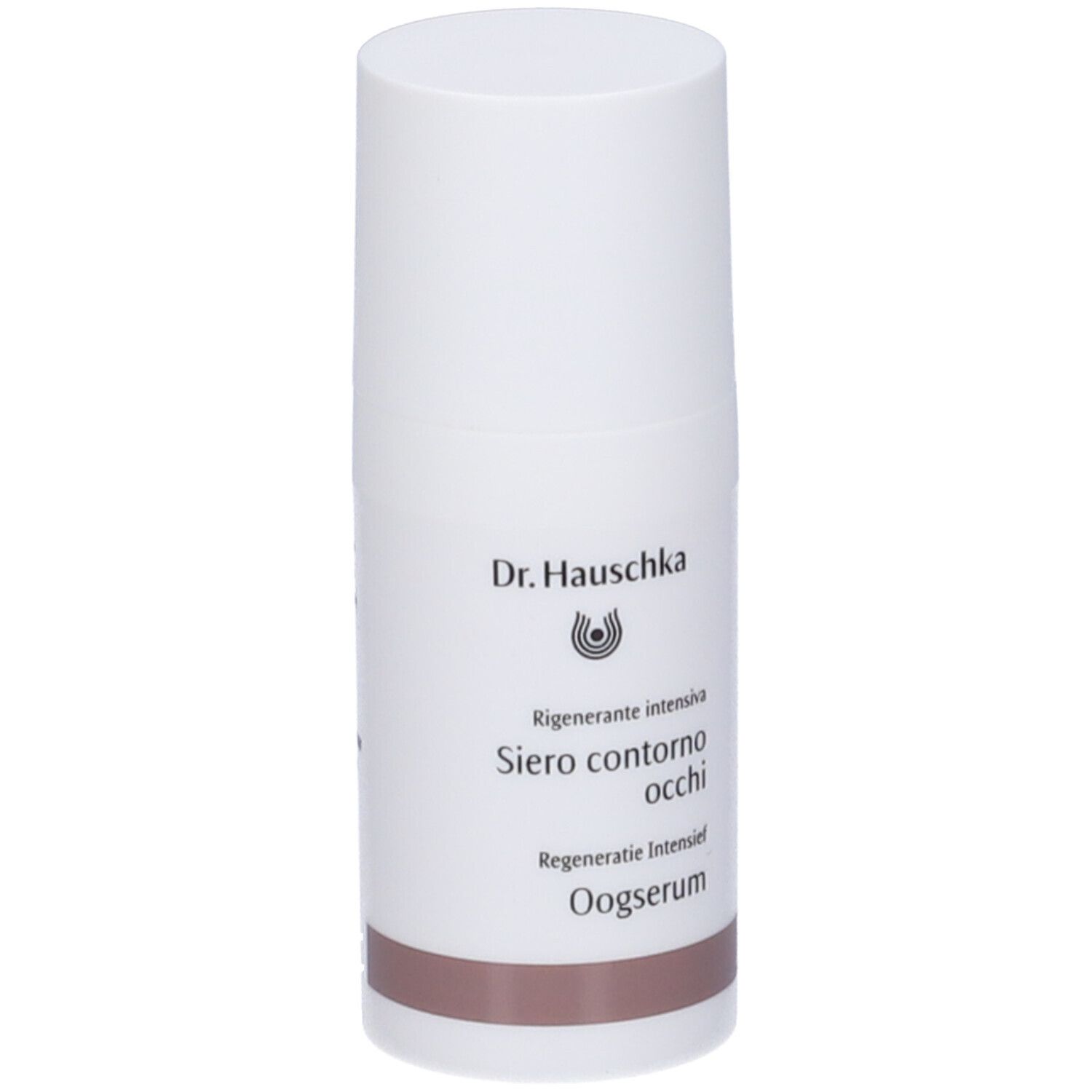 Flacone bianco con fascia marrone. Scritta: Dr. Hauschka, Siero contorno occhi, Oogserum.