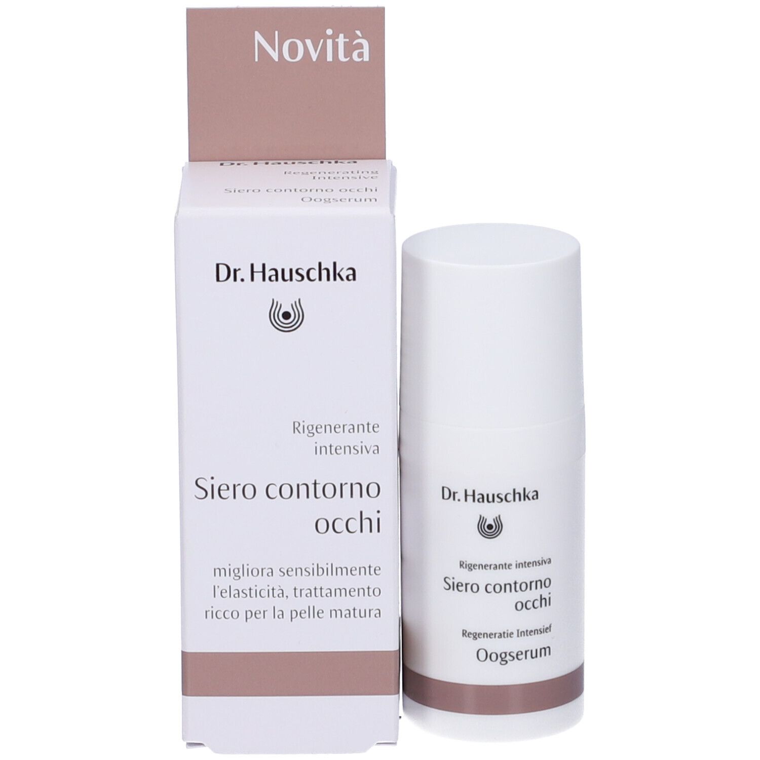 Prodotto con confezione. Scritta: Novità, Dr. Hauschka, Siero contorno occhi, Oogserum.