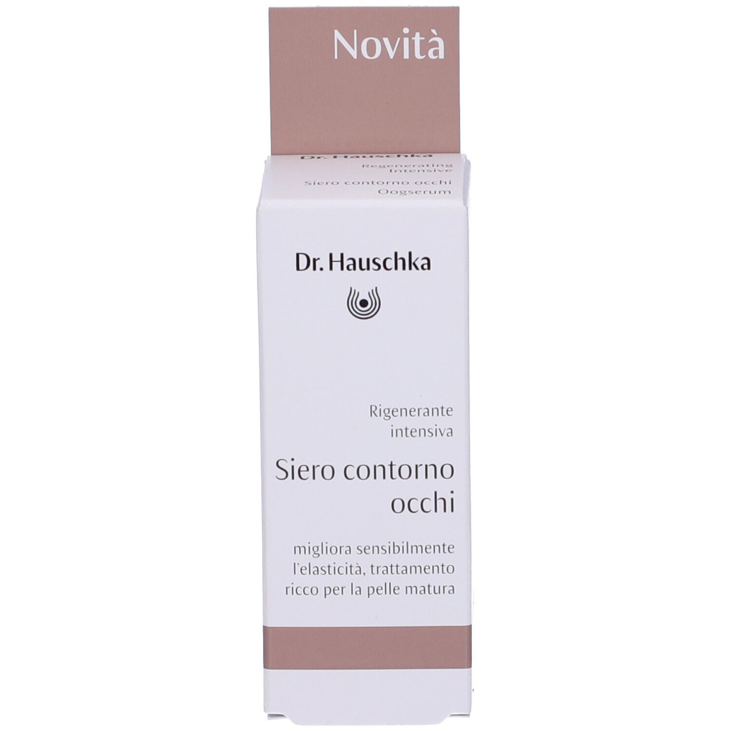 Confezione del prodotto. Scritta: Novità, Dr. Hauschka, Siero contorno occhi, Oogserum.