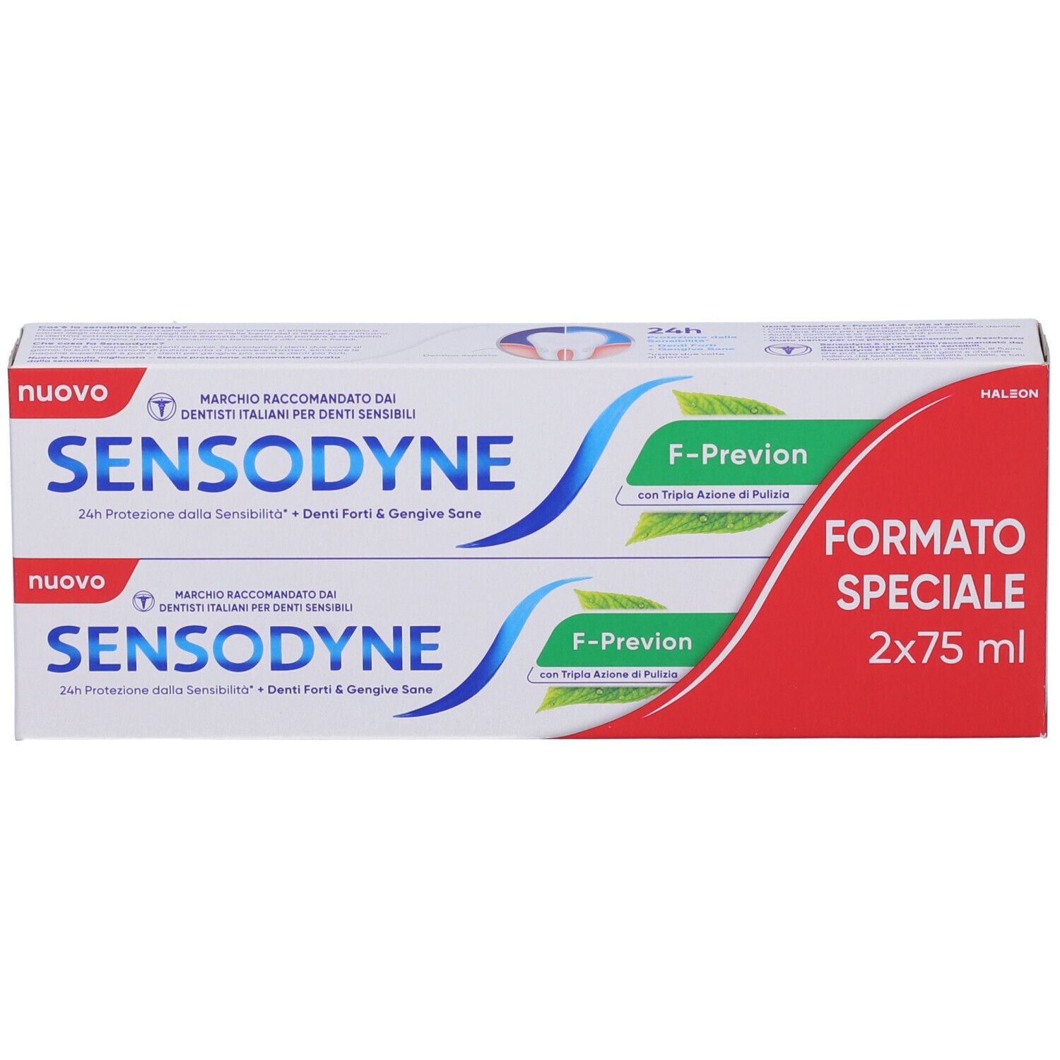 Zwei Tuben Sensodyne F-Previon Zahnpasta im Doppelpack, je 75 ml.
