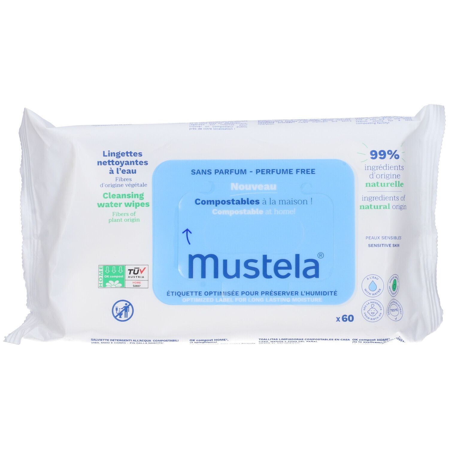 Mustela Feuchttücher, parfümfrei, 60 Stück, kompostierbar.