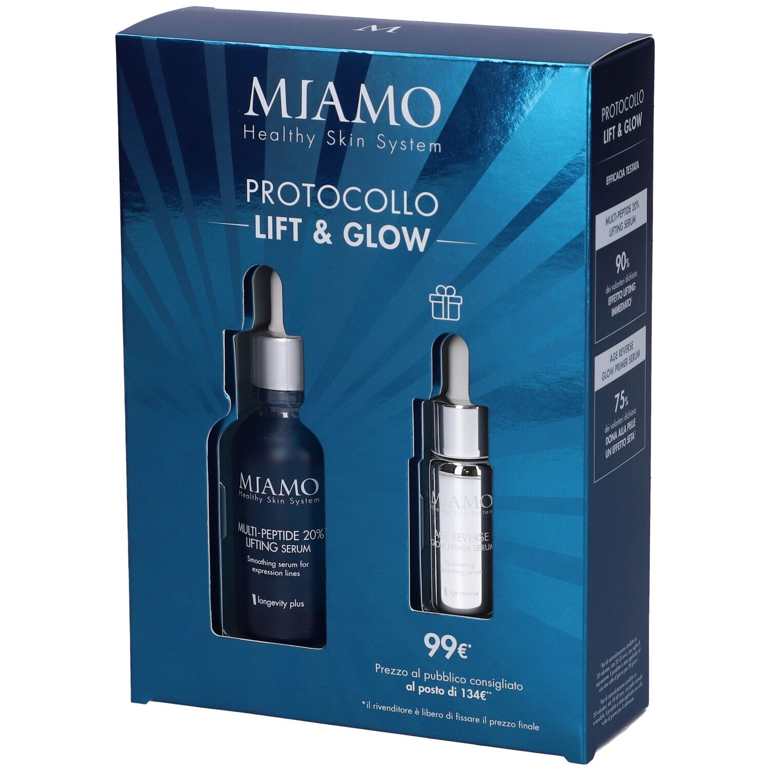 Confezione regalo con due flaconi. Scritta: Miamo Healthy Skin System, Protocollo Lift & Glow. Prezzo: 99€.