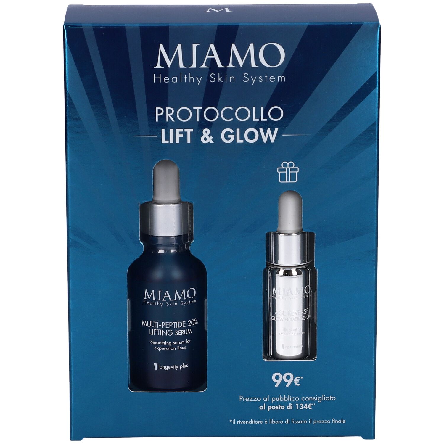 Confezione regalo con due flaconi. Scritta: Miamo Healthy Skin System, Protocollo Lift & Glow. Prezzo: 99€.