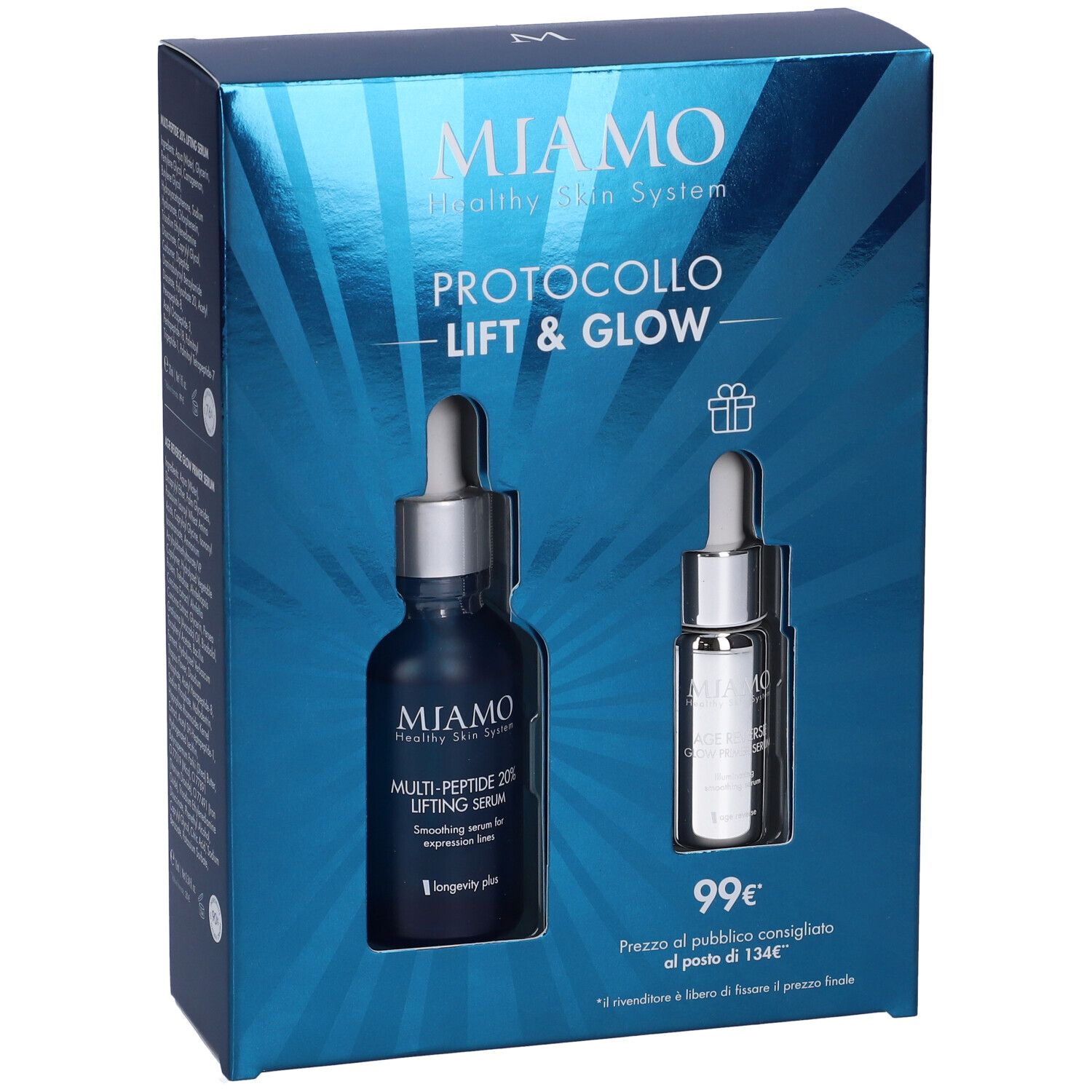 Confezione regalo con due flaconi. Scritta: Miamo Healthy Skin System, Protocollo Lift & Glow. Prezzo: 99€.