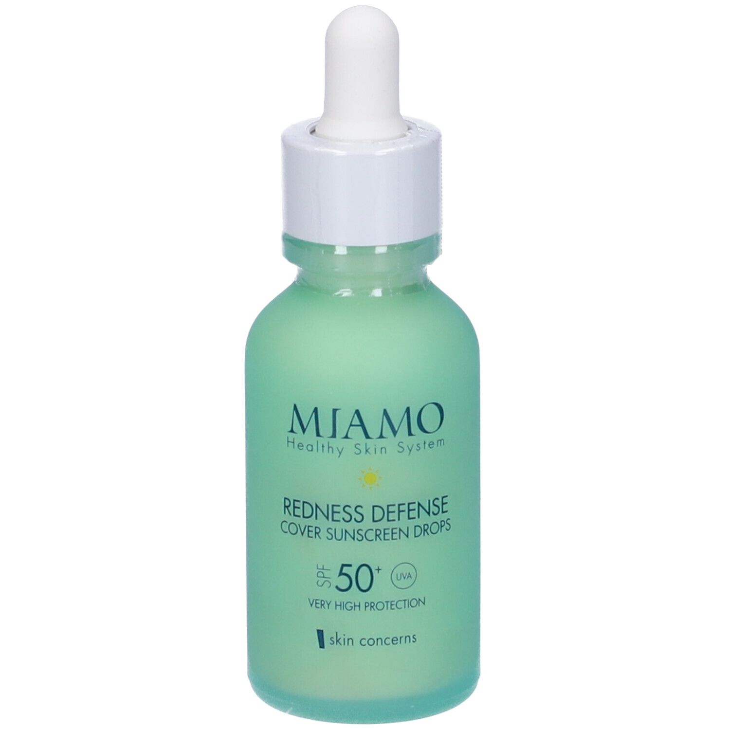 Flacone verde con tappo bianco e contagocce. Scritta: MIAMO, Redness Defense, SPF 50+.