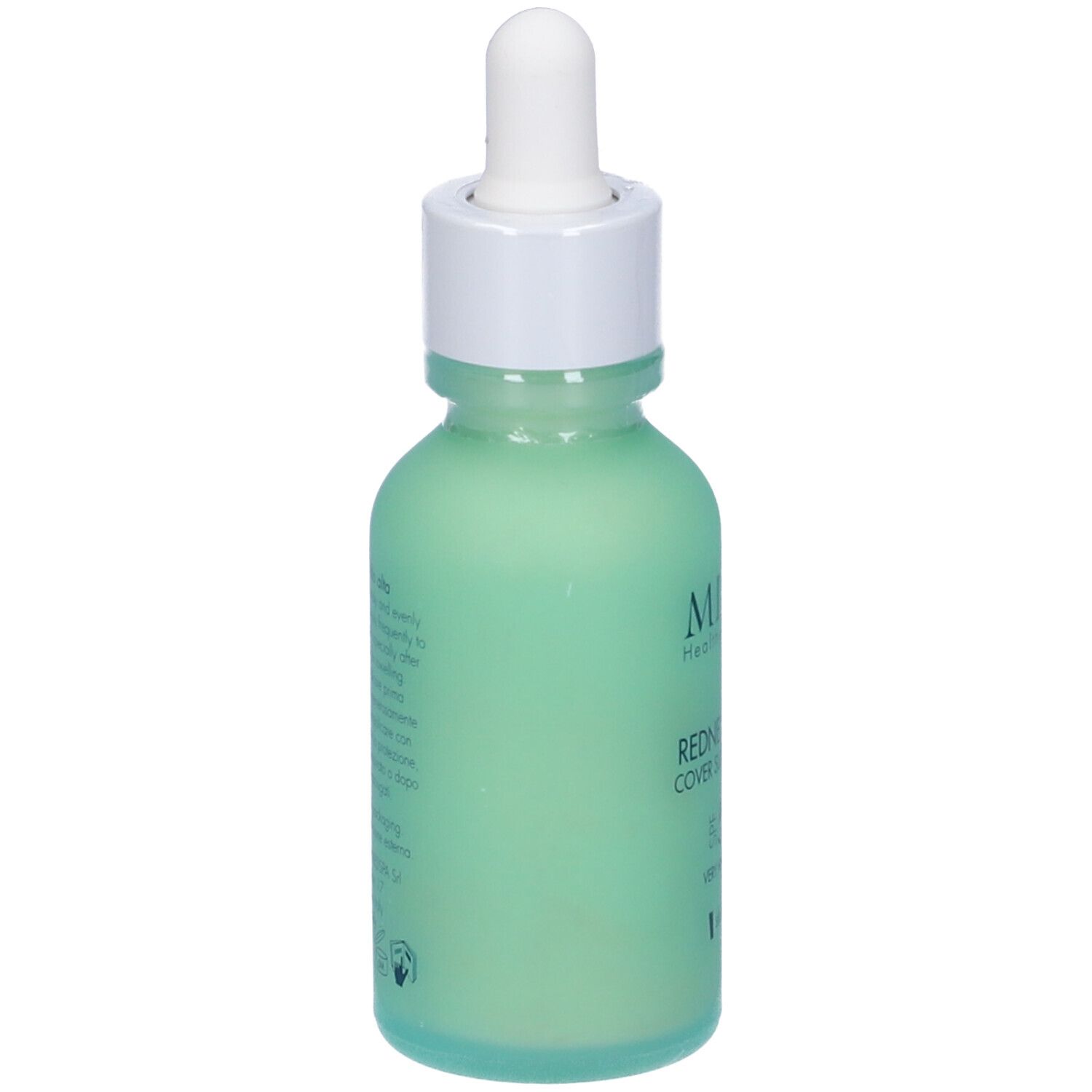 Vista posteriore di un flacone verde con tappo bianco e contagocce. Testo sul flacone.