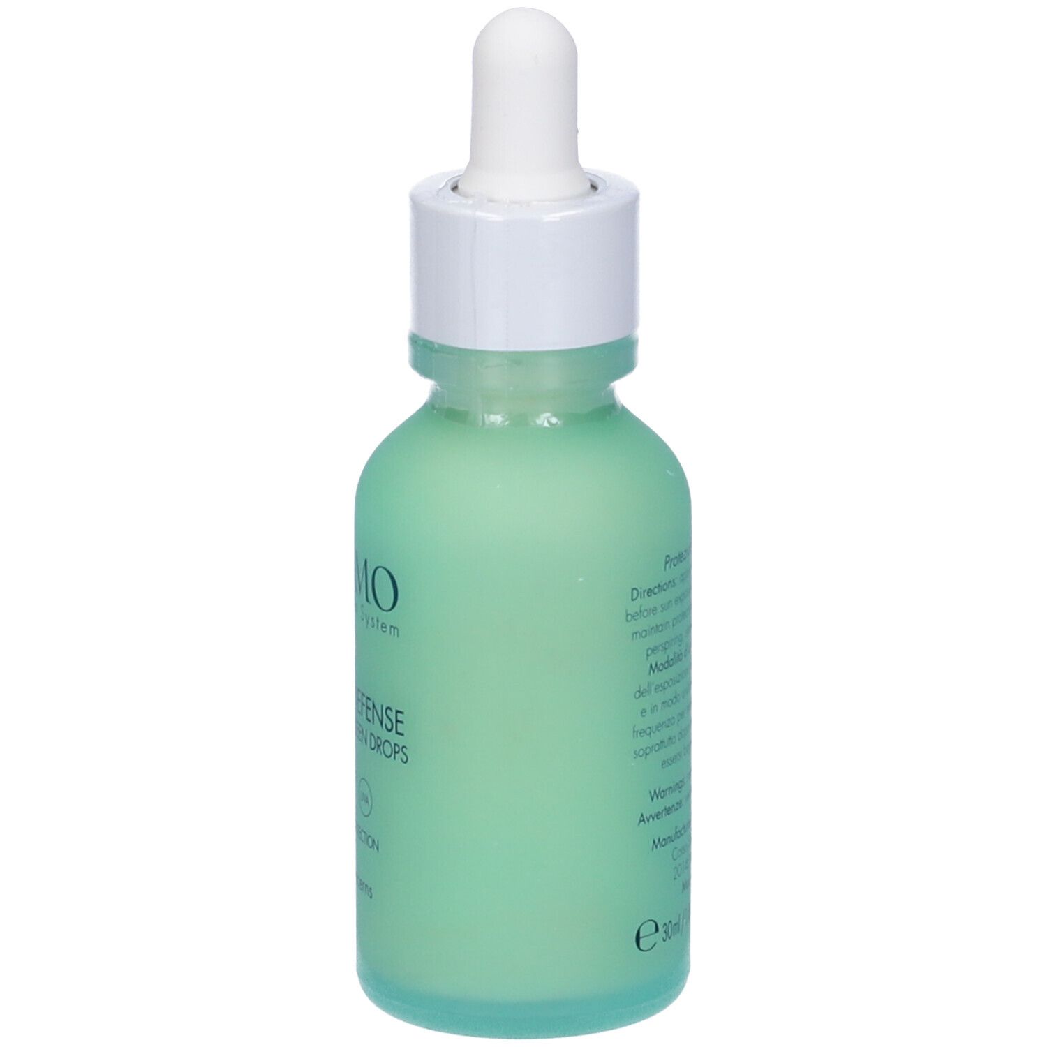 Vista posteriore di un flacone verde con tappo bianco e contagocce. Testo sul flacone.
