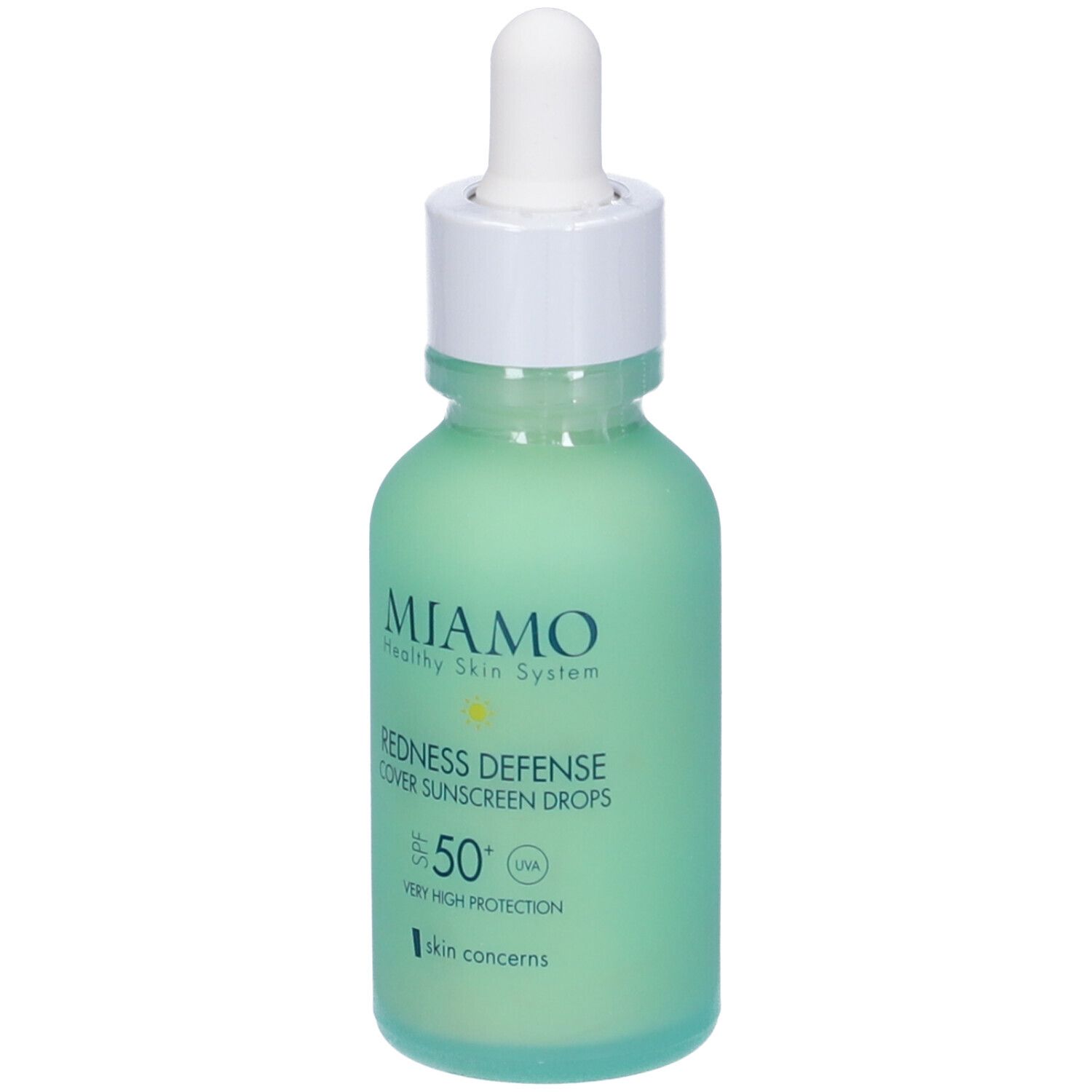 Flacone verde con tappo bianco e contagocce. Scritta: MIAMO, Redness Defense, SPF 50+.