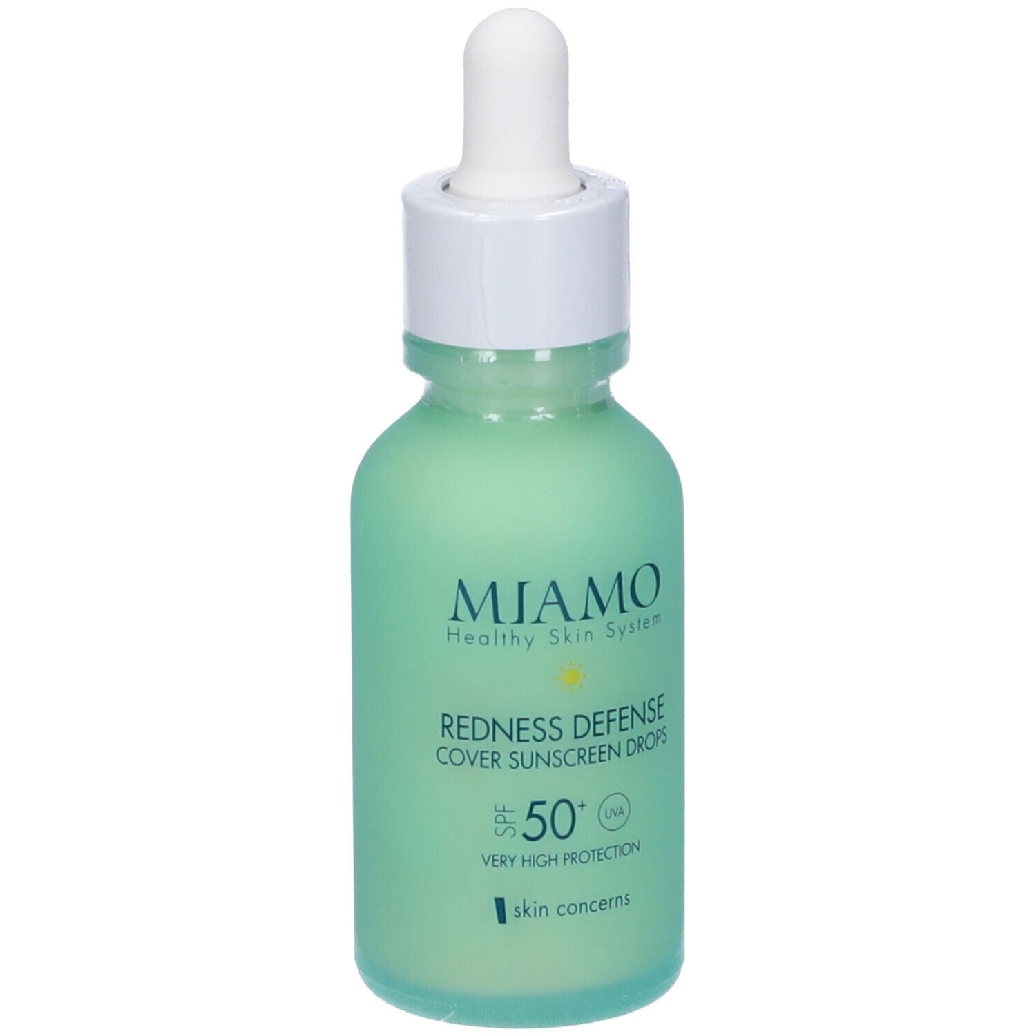 Flacone verde con tappo bianco e contagocce. Scritta: MIAMO, Redness Defense, SPF 50+.
