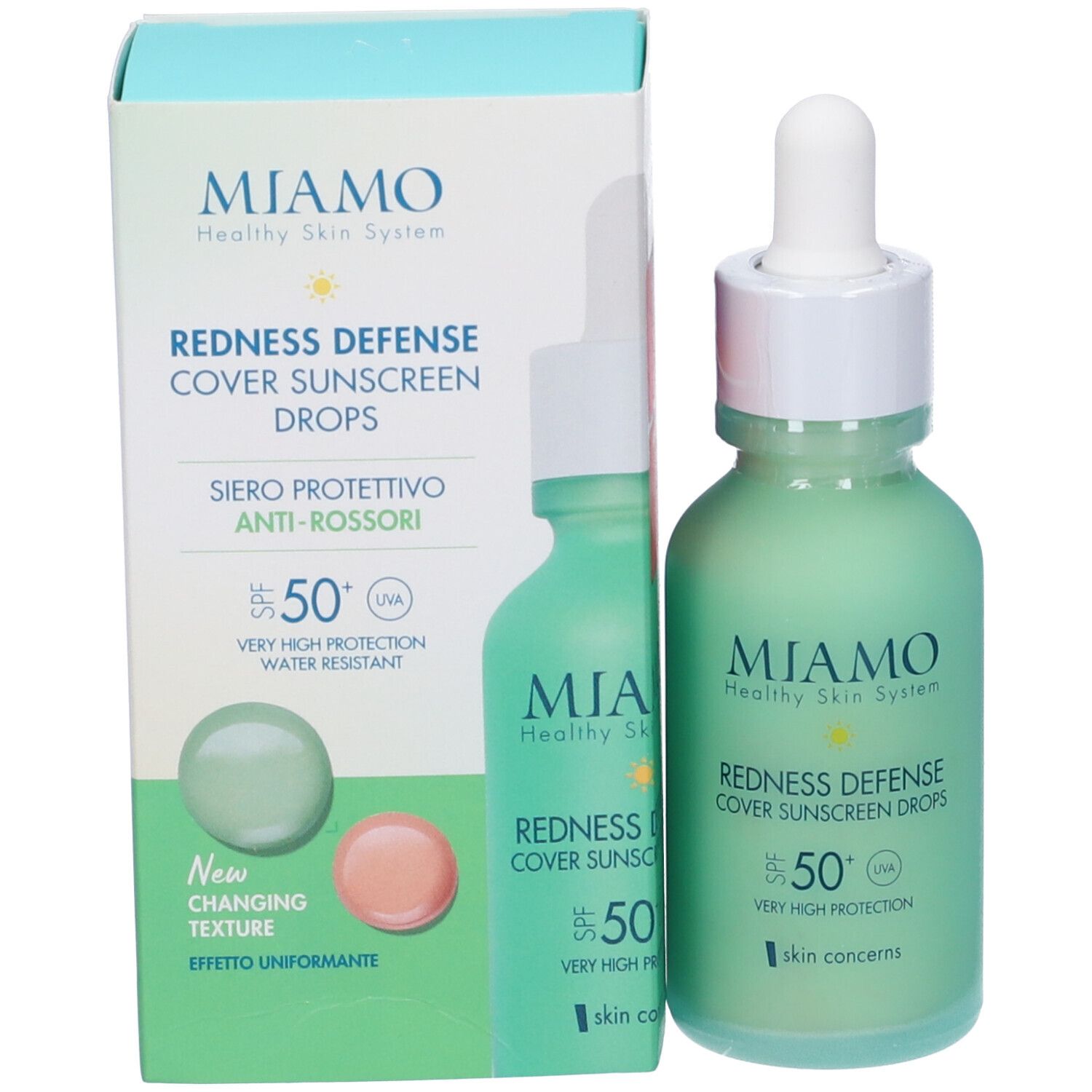 Confezione del prodotto con flacone e scatola. Scritta: MIAMO, Redness Defense, SPF 50+.