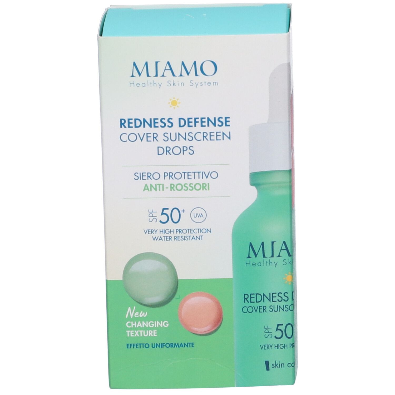 Confezione del prodotto con scatola. Scritta: MIAMO, Redness Defense, SPF 50+.