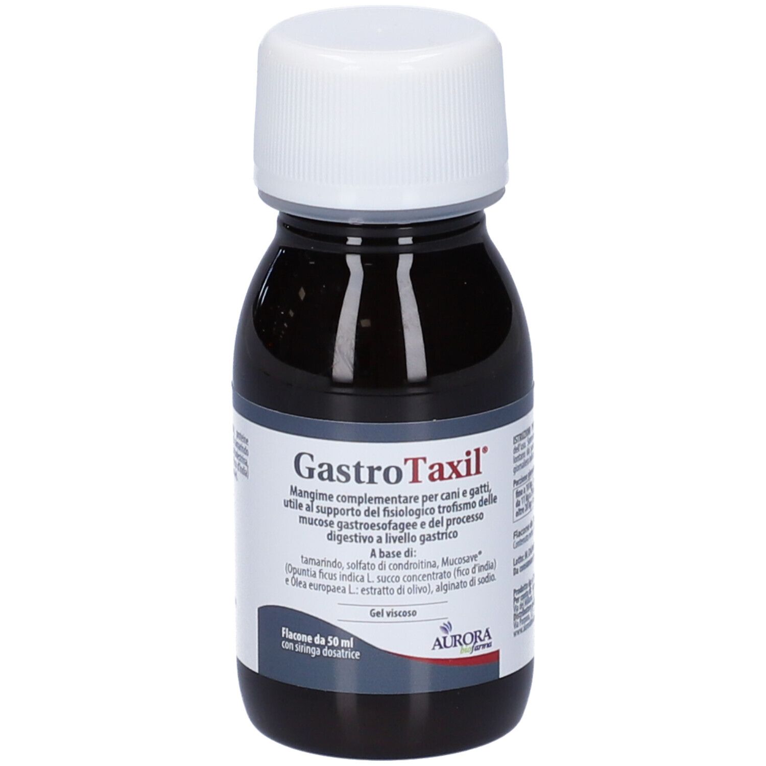 Braune Flüssigkeit in einer Flasche mit weißem Deckel. Aufschrift: Gastrotaxil. Etikett mit Inhaltsstoffen und Hersteller.