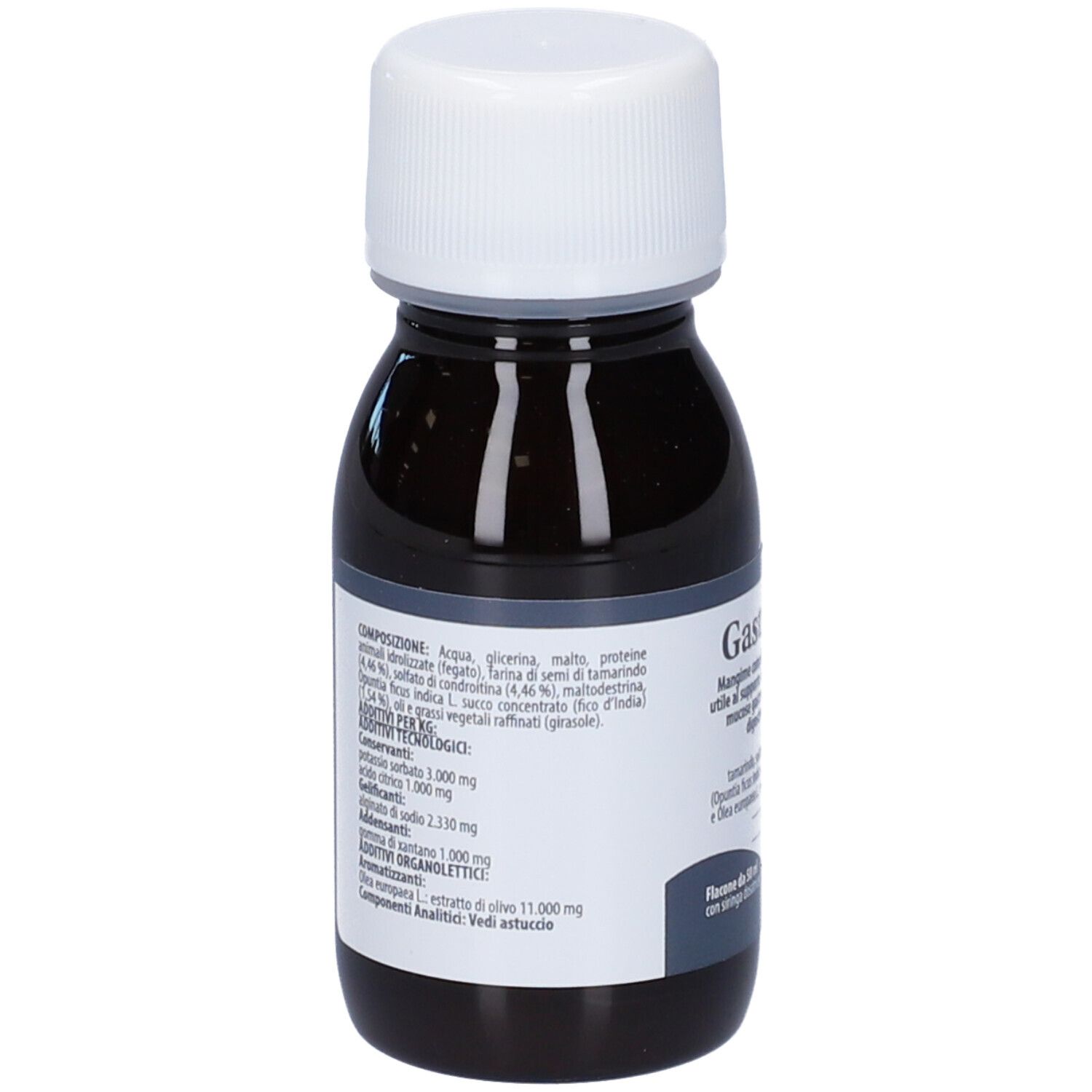 Braune Flüssigkeit in einer Flasche mit weißem Deckel. Etikett mit Inhaltsstoffen. Herstellerinformationen.