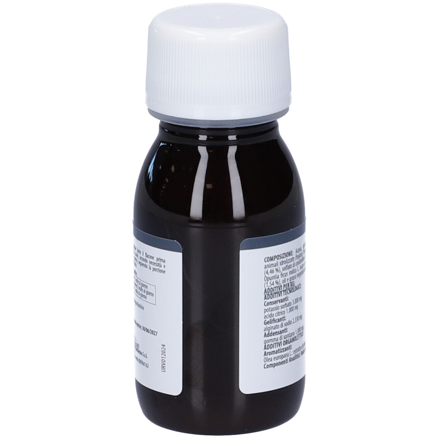Braune Flüssigkeit in einer Flasche mit weißem Deckel. Etikett mit Inhaltsstoffen. Herstellerinformationen.