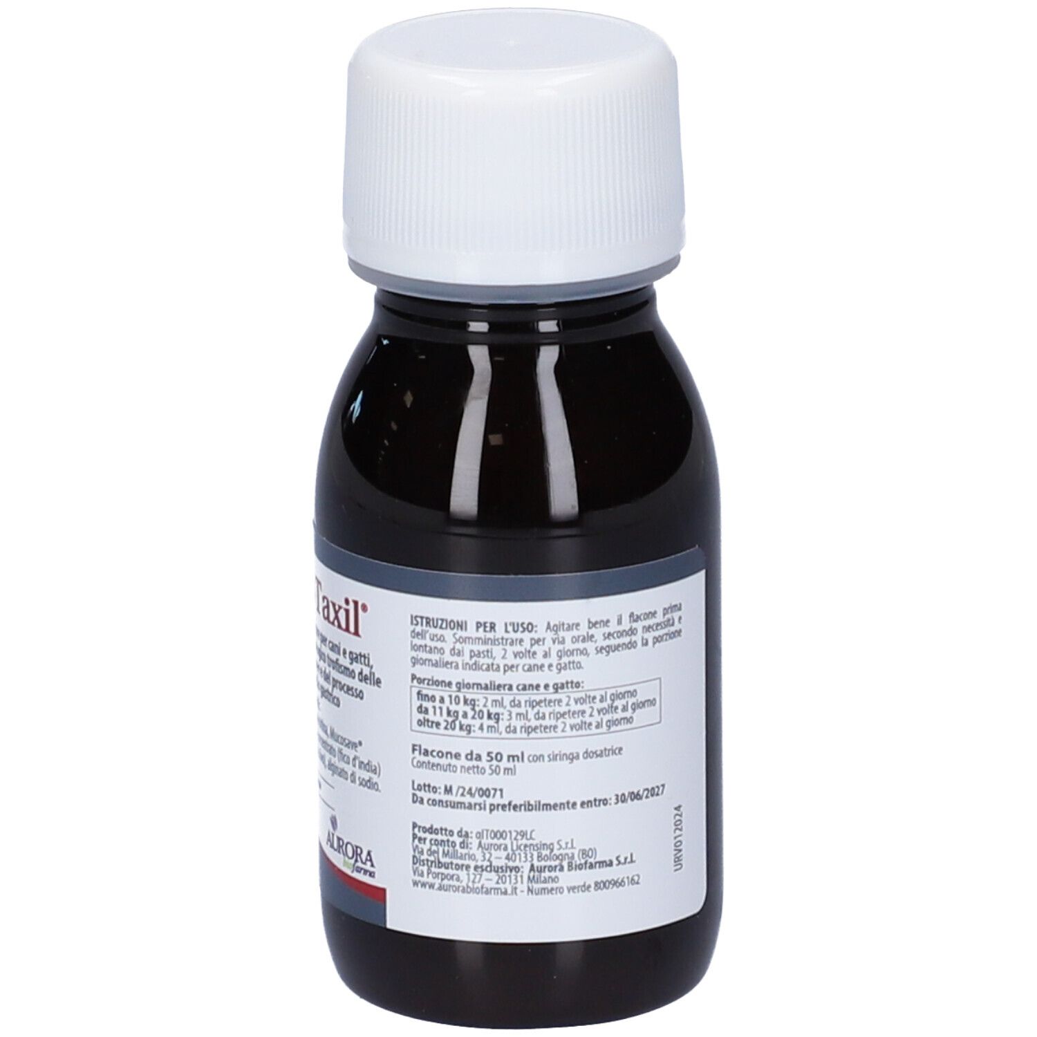 Braune Flüssigkeit in einer Flasche mit weißem Deckel. Etikett mit Gebrauchsanweisung. Herstellerinformationen.