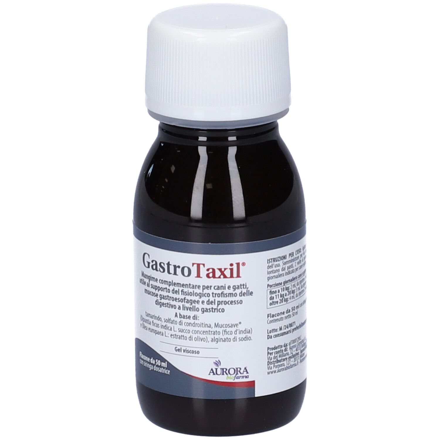 Braune Flüssigkeit in einer Flasche mit weißem Deckel. Aufschrift: Gastrotaxil. Etikett mit Inhaltsstoffen und Hersteller.