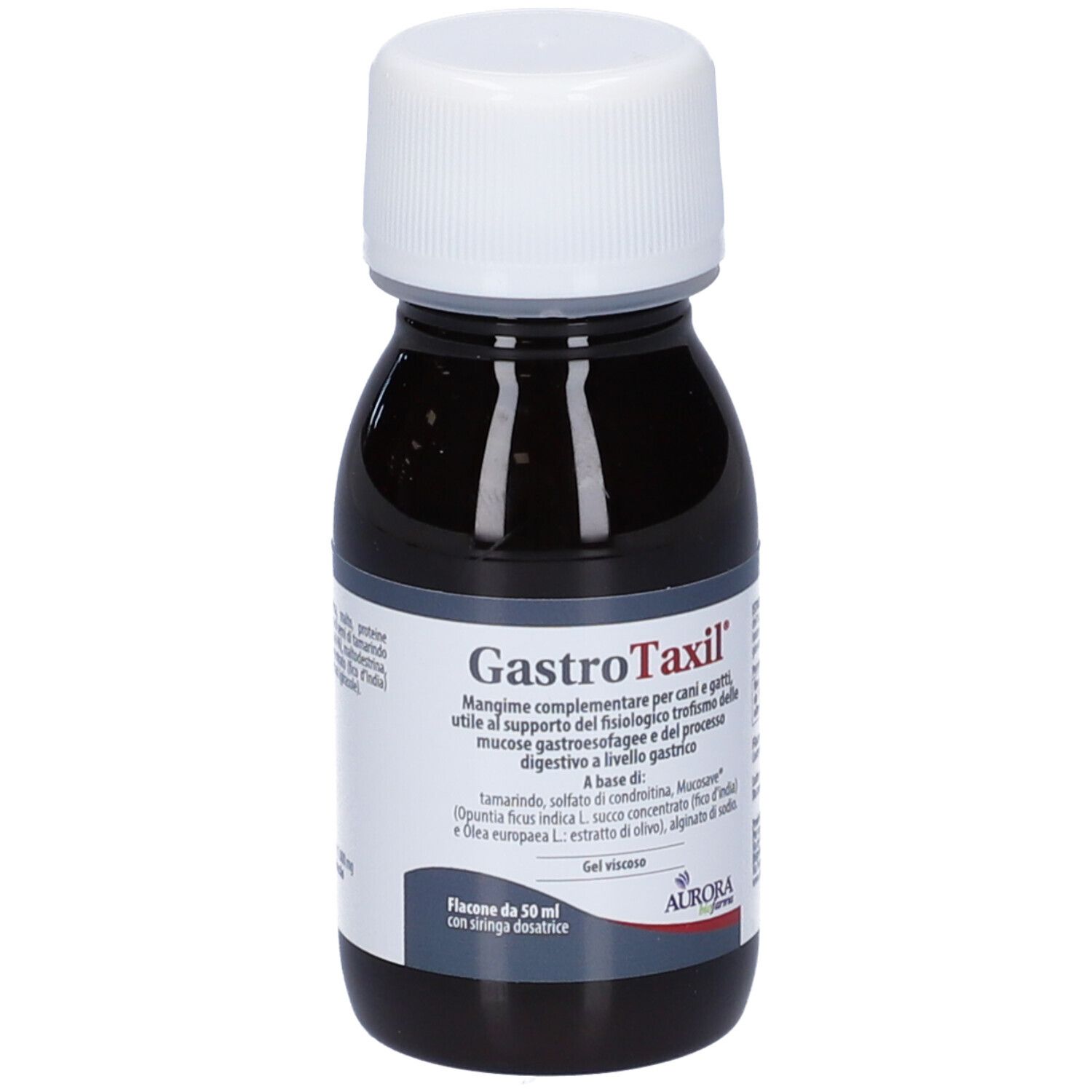 Braune Flüssigkeit in einer Flasche mit weißem Deckel. Aufschrift: Gastrotaxil. Etikett mit Inhaltsstoffen und Hersteller.