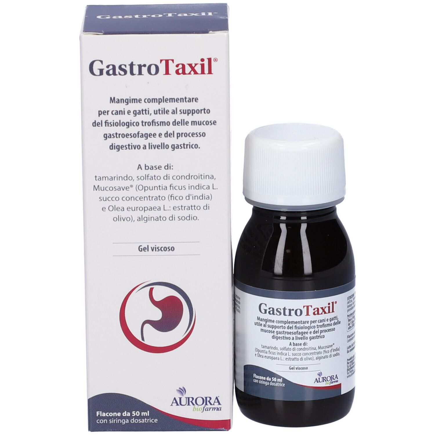 Produktflasche und Schachtel. Aufschrift: Gastrotaxil. Schachtel mit Produktinformationen und Logo.