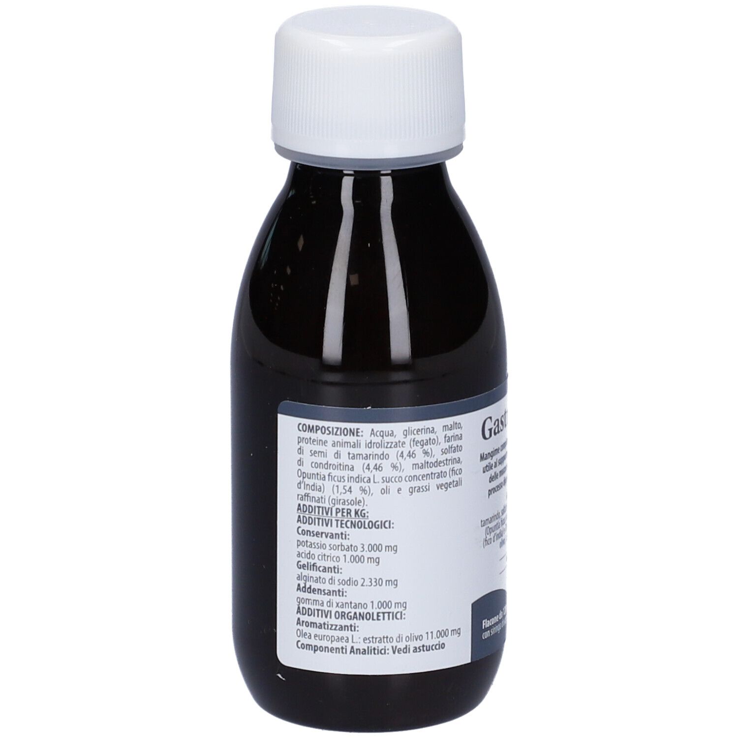 Braune Flasche mit weißem Deckel. Detailansicht des Etiketts mit Inhaltsstoffen und Zusatzstoffen. Aurora-Logo.