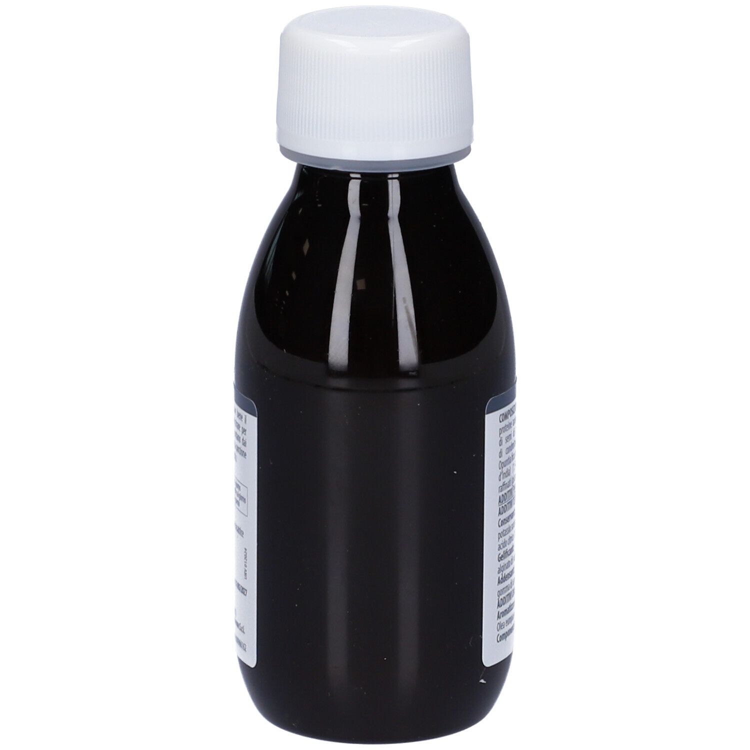 Braune Flasche mit weißem Deckel. Etikett mit Produktinformationen. Aurora-Logo. Flasche steht aufrecht.