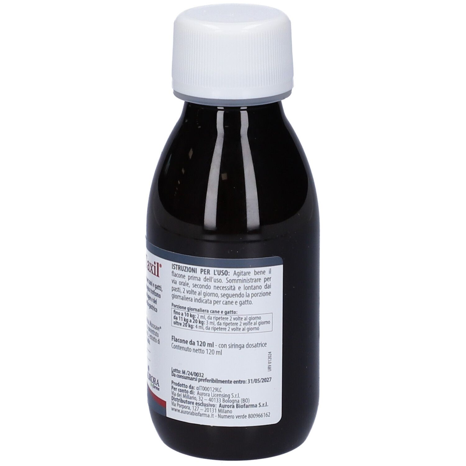 Braune Flasche mit weißem Deckel. Etikett mit Gebrauchsanweisung. Aurora-Logo. Flasche steht aufrecht.