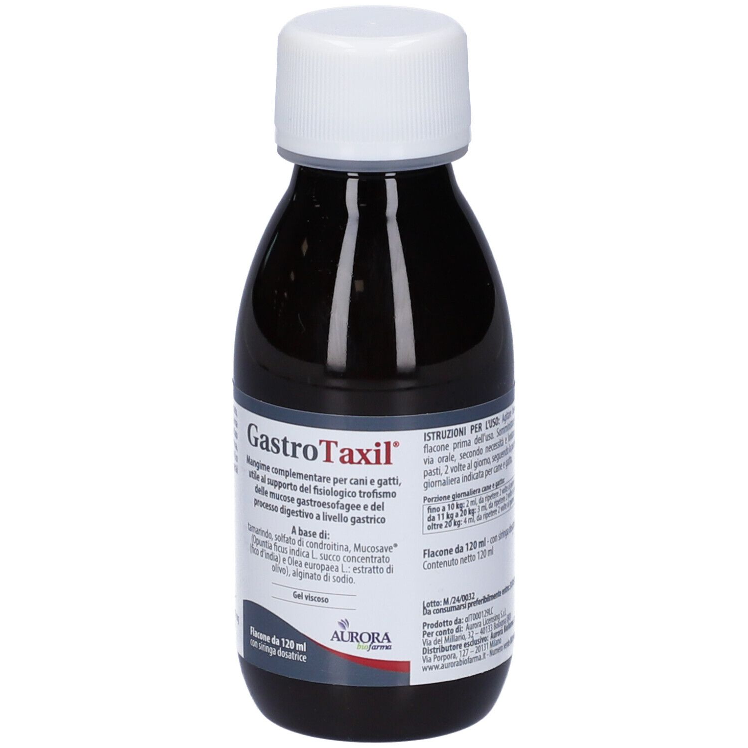 Braune Flasche mit weißem Deckel. Beschriftung: Gastrotaxil. Etikett mit Produktinformationen. Aurora-Logo.