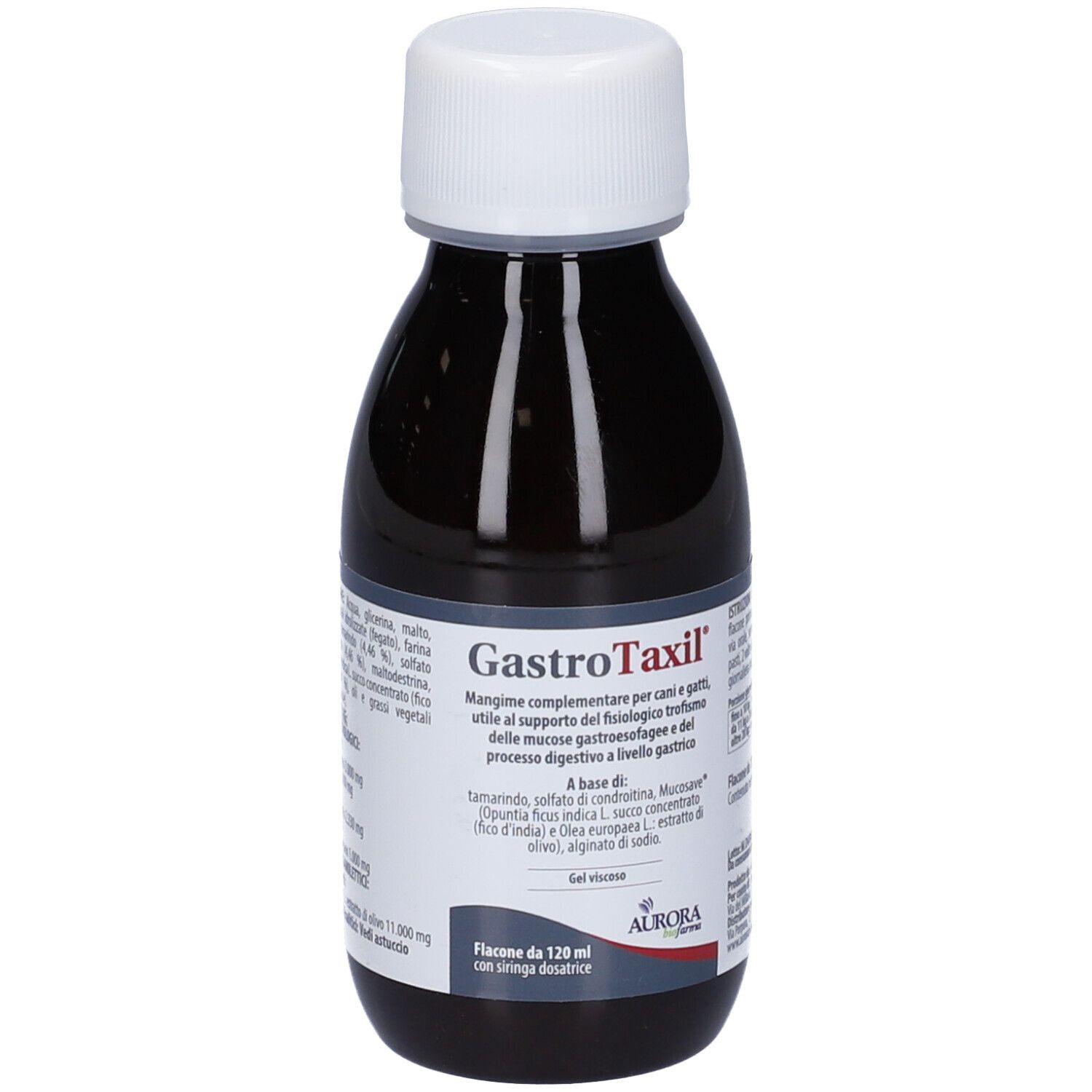 Braune Flasche mit weißem Deckel. Beschriftung: Gastrotaxil. Etikett mit Produktinformationen. Aurora-Logo.