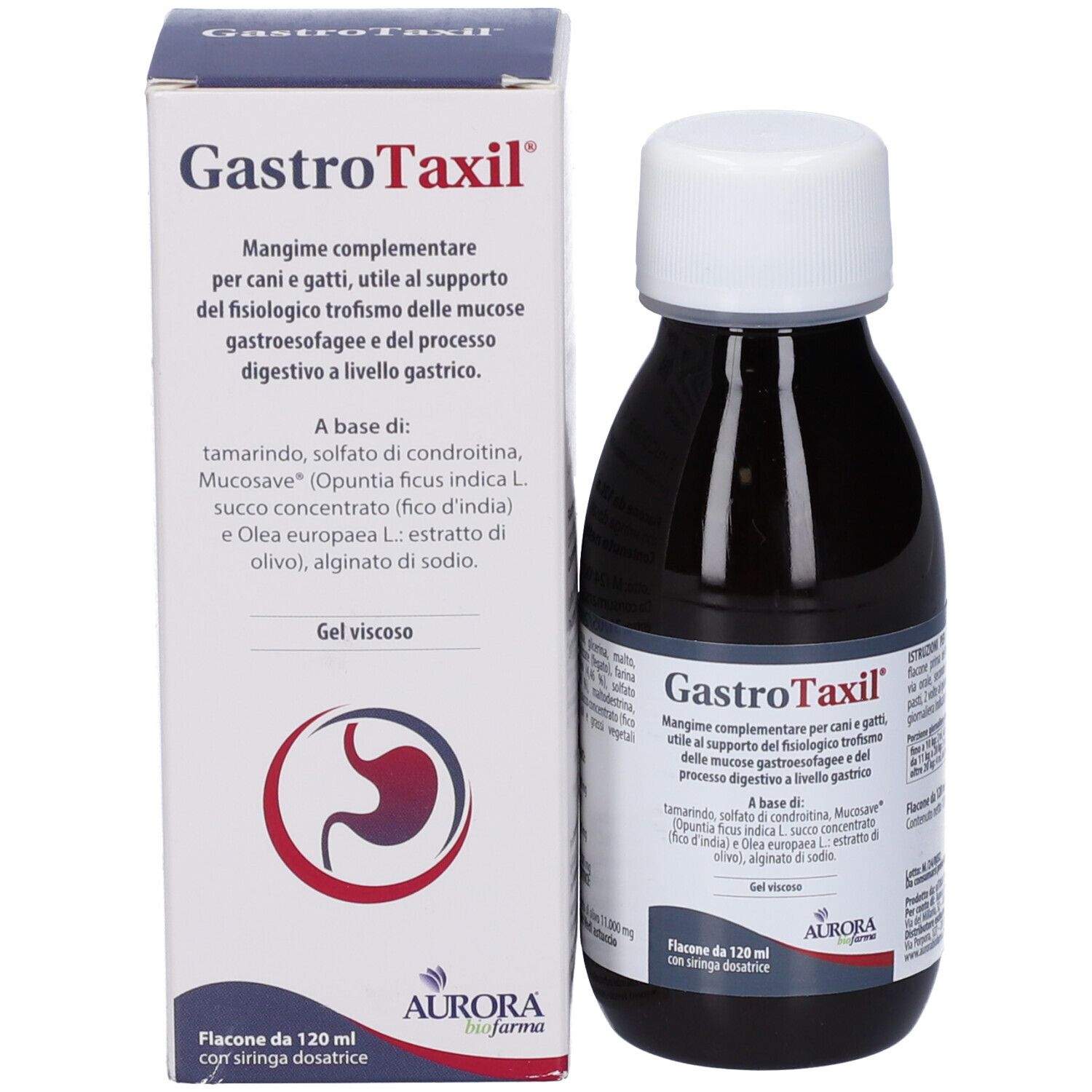Produktverpackung und Flasche. Verpackung: Gastrotaxil, Aurora-Logo. Flasche: braun, weißer Deckel, Etikett.