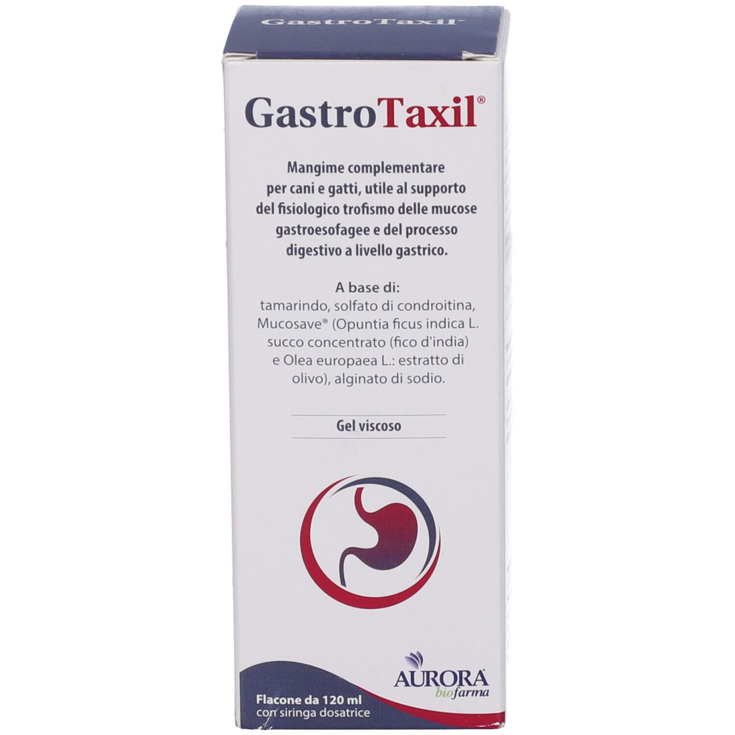 Produktverpackung. Beschriftung: Gastrotaxil, Aurora-Logo. Abbildung eines Magens. Weißer Hintergrund.