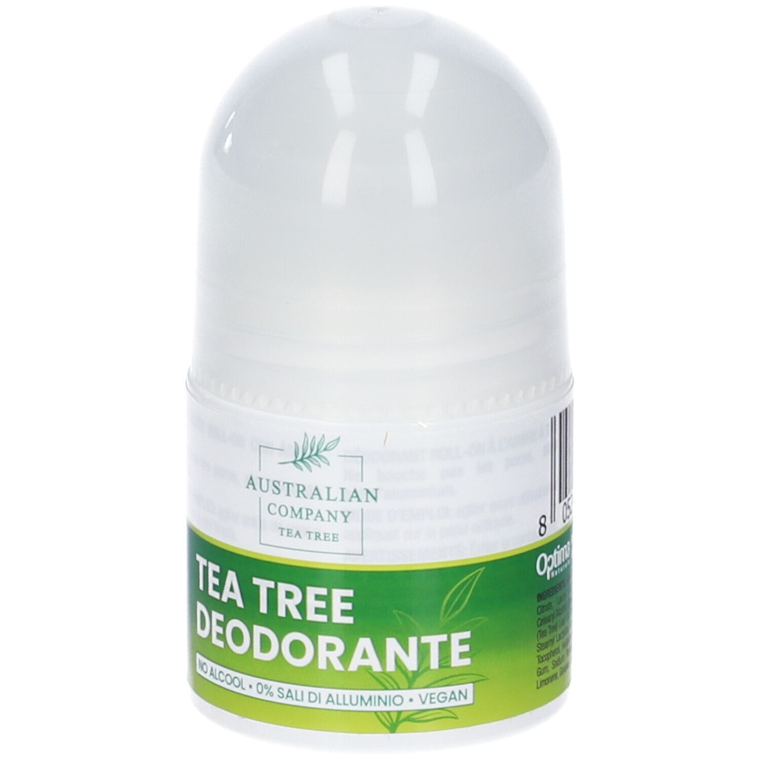 Weißer Roll-on-Deo mit grünen und weißen Etiketten. Aufschrift: Australian Company Tea Tree Deodorante. Vegan, ohne Alkohol und Aluminiumsalze.