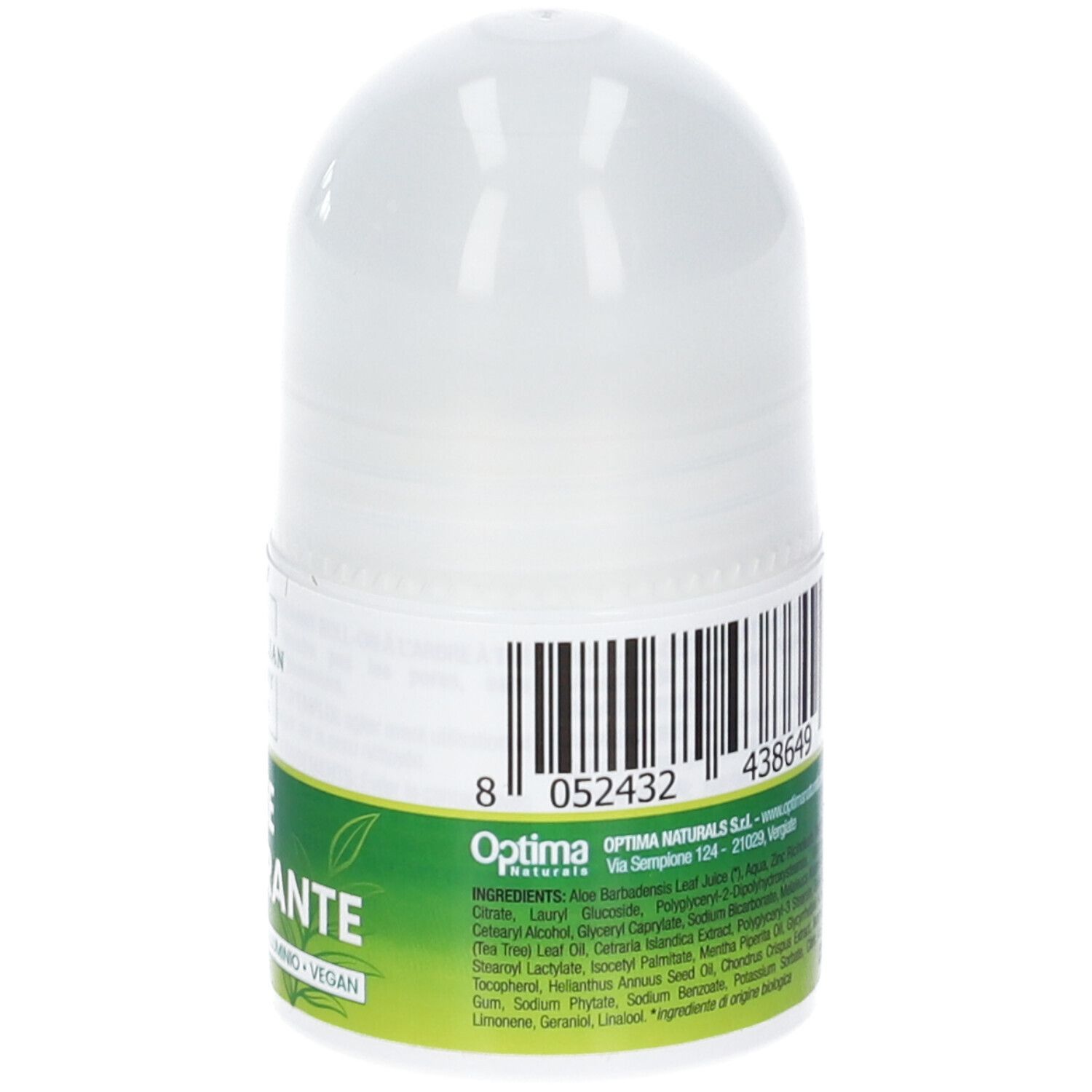 Rückansicht des weißen Roll-on-Deos. Barcode und Text: Inhaltsstoffe. Vegan. Ohne Alkohol. Ohne Aluminiumsalze. Optima Naturals.