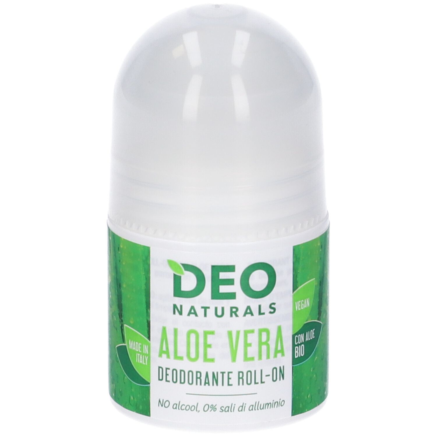 Deodorante roll-on Deo Naturals Aloe Vera. Contenitore bianco con etichetta verde. Testo: Aloe Vera, vegano, senza alcool.