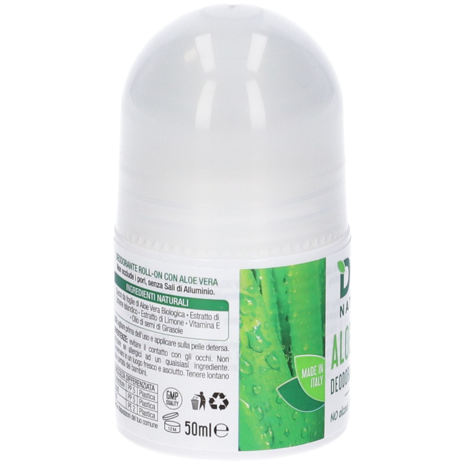 Retro del deodorante roll-on. Contenitore bianco con etichetta verde. Testo: Ingredienti, 50ml, con Aloe Vera. Prodotto in Italia.