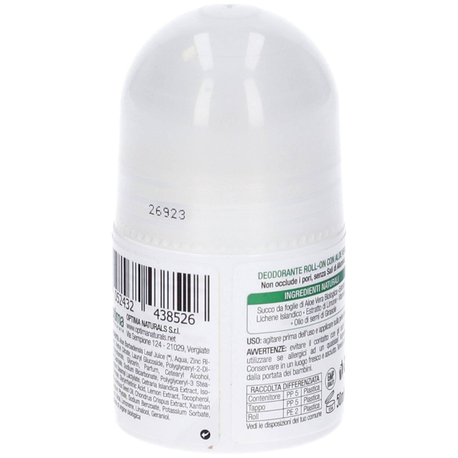 Retro del deodorante roll-on. Contenitore bianco con codice a barre e testo. Testo: Ingredienti, Optima Naturals, 50ml.
