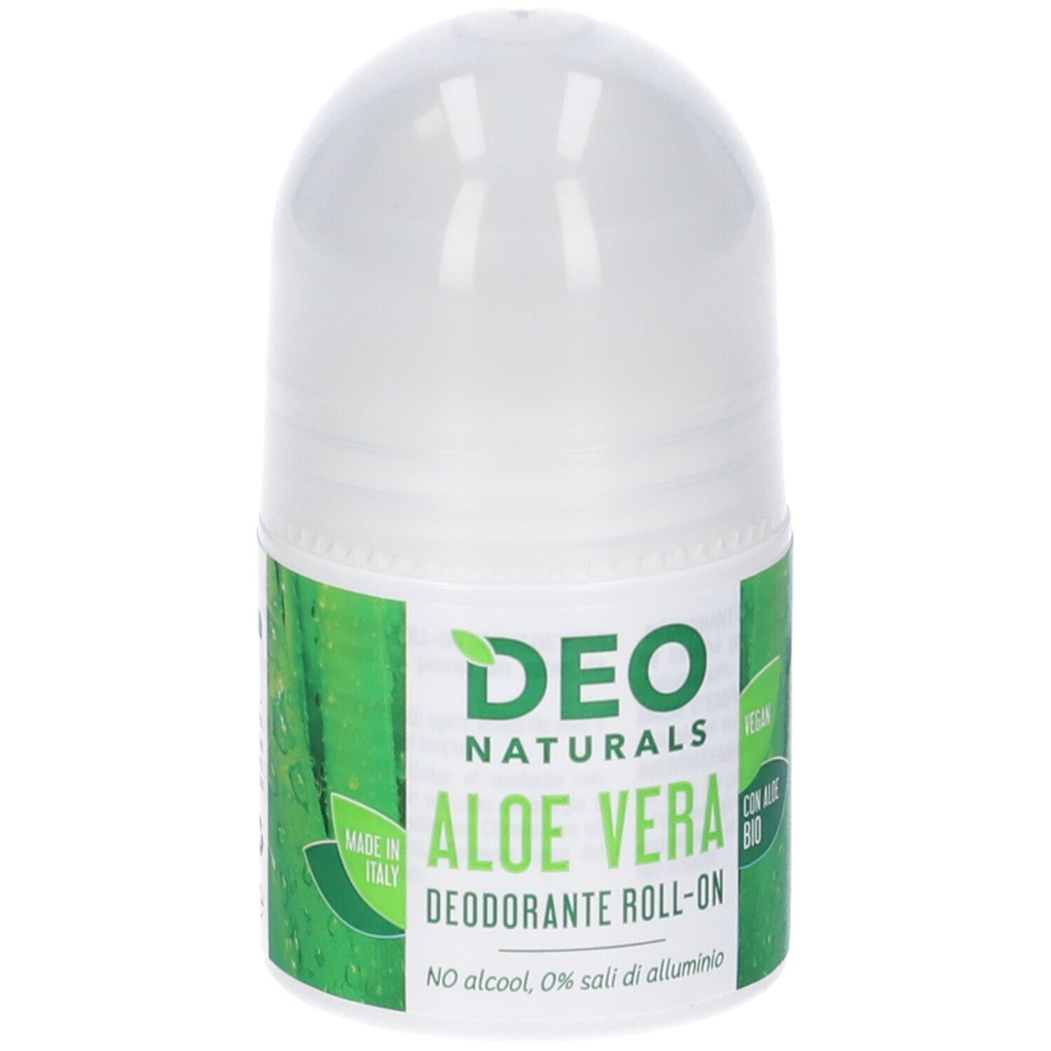 Deodorante roll-on Deo Naturals Aloe Vera. Contenitore bianco con etichetta verde. Testo: Aloe Vera, vegano, senza alcool.