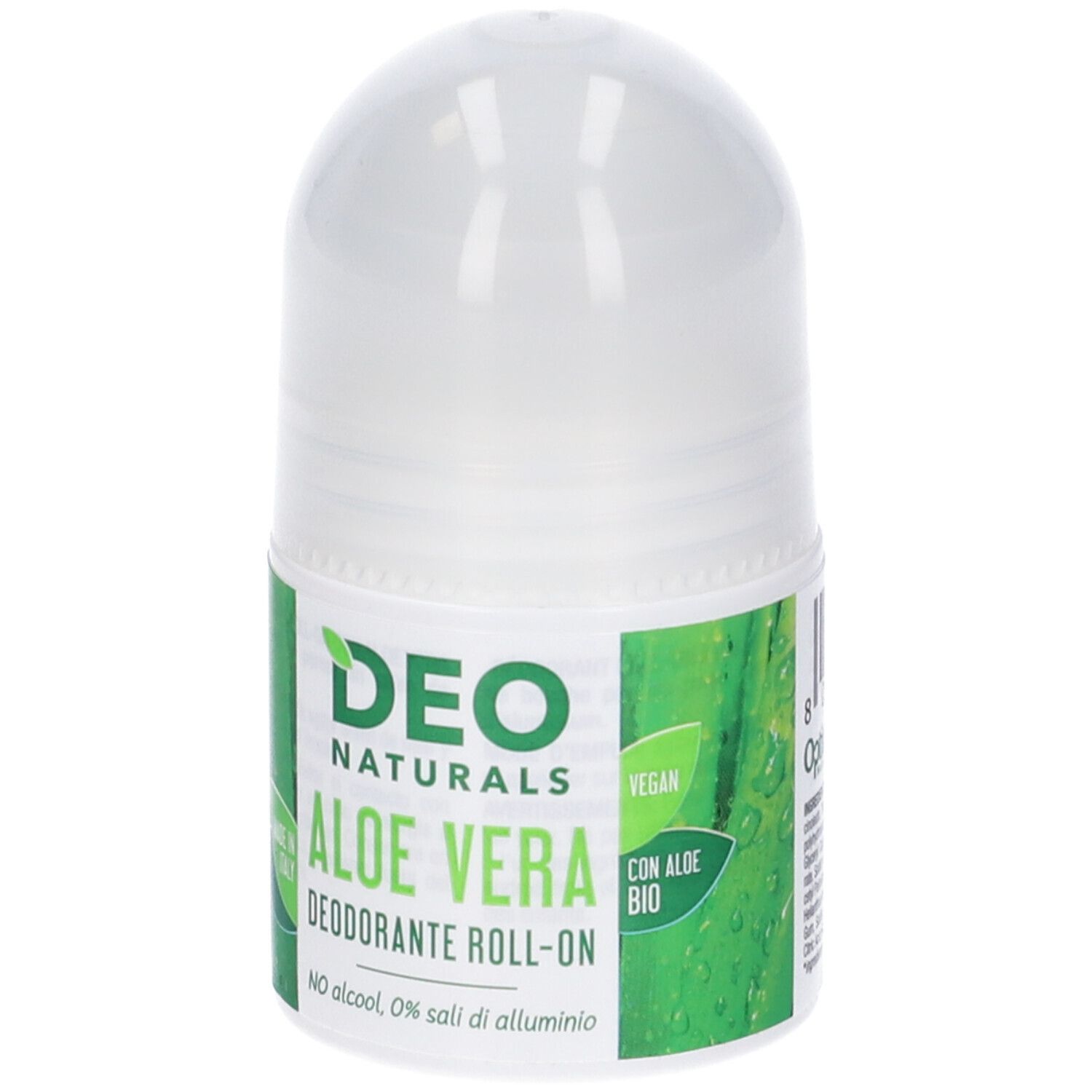 Deodorante roll-on Deo Naturals Aloe Vera. Contenitore bianco con etichetta verde. Testo: Aloe Vera, vegano, con Aloe Bio.