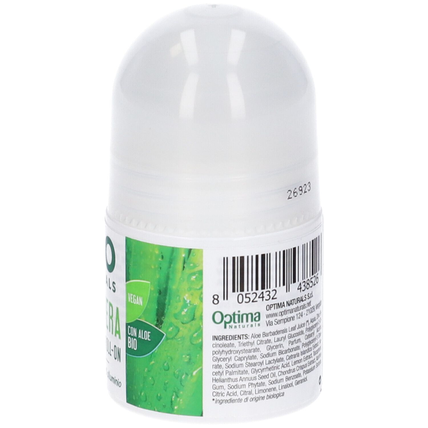 Retro del deodorante roll-on. Contenitore bianco con etichetta verde. Testo: Ingredienti, Optima Naturals, codice a barre, 50ml.