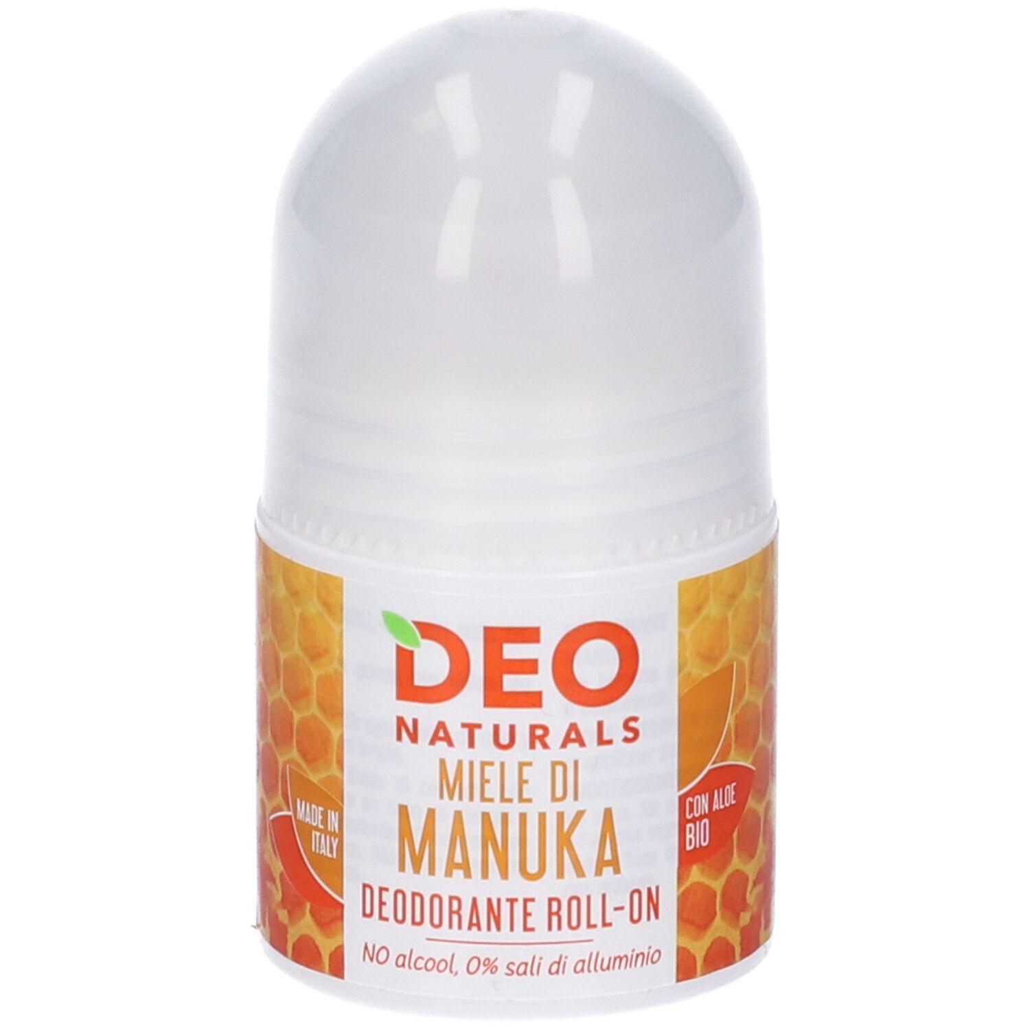 Deodorante roll-on. Contenitore bianco con etichetta giallo-arancio. Scritta: Deo Naturals Miele di Manuka.