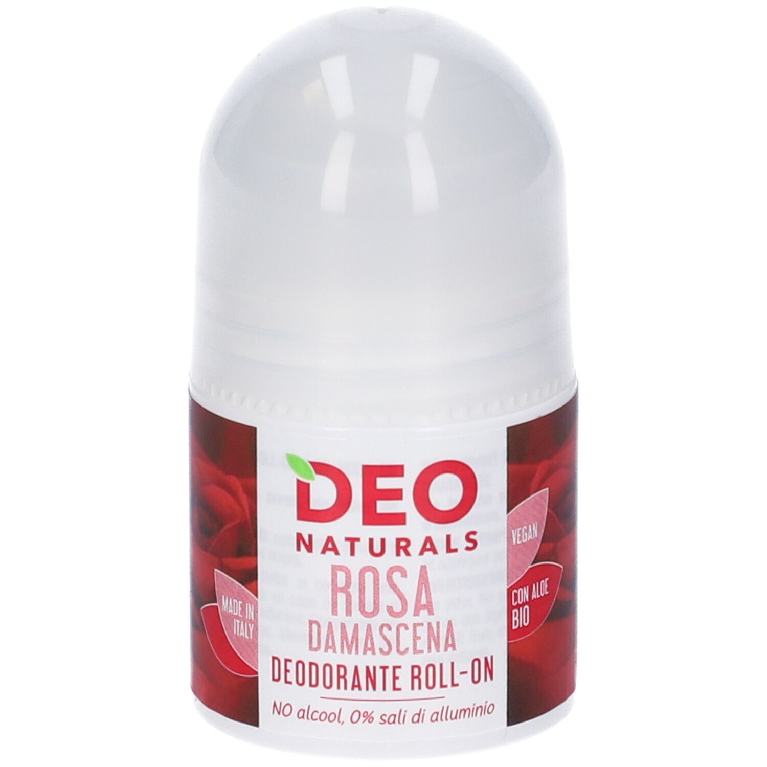 Deodorante roll-on bianco con etichetta rossa. Scritta: Deo Naturals Rosa Damascena. Vegano, senza alcool, senza sali di alluminio.