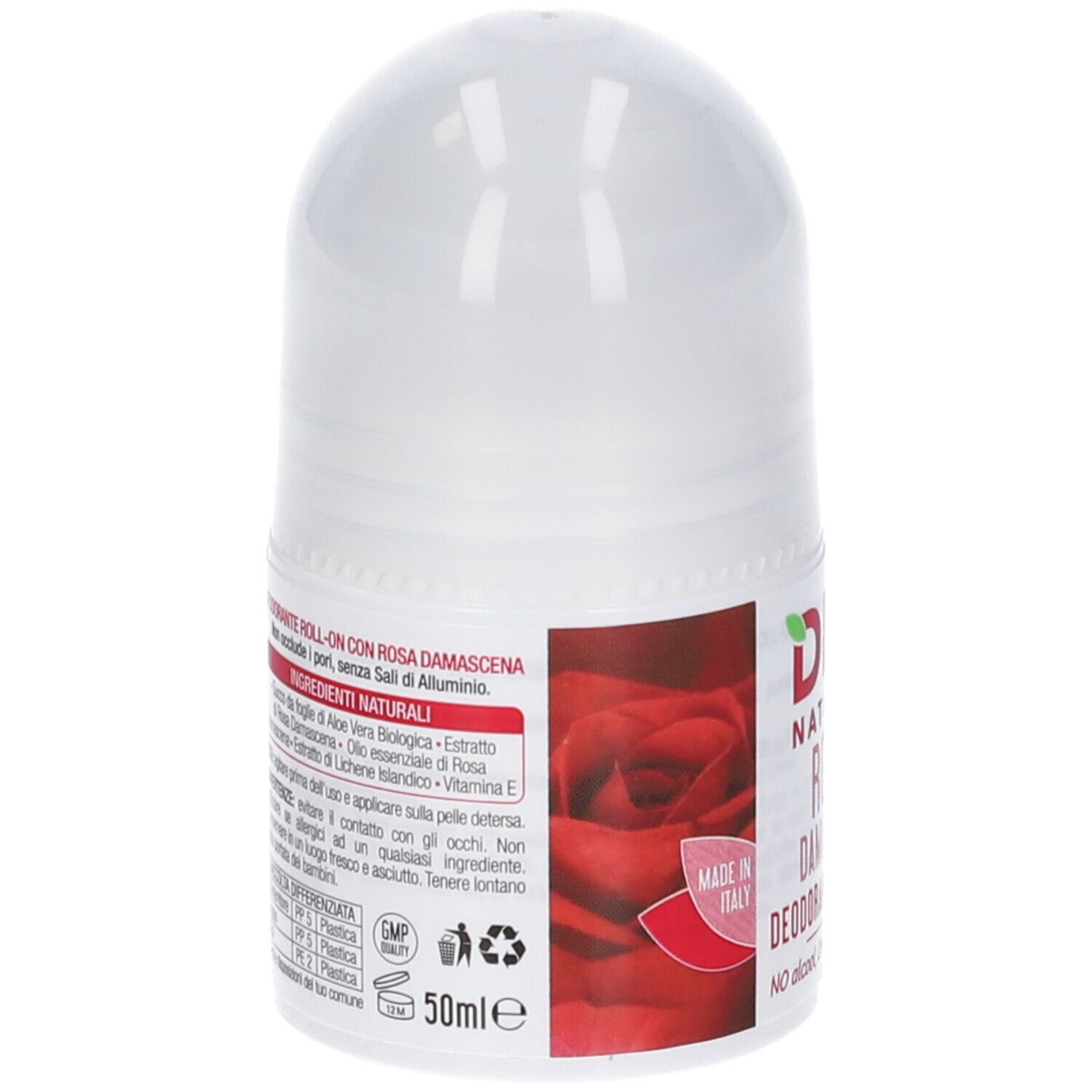 Deodorante roll-on bianco con etichetta rossa. Ingredienti e istruzioni per l'uso. Prodotto in Italia. 50ml.