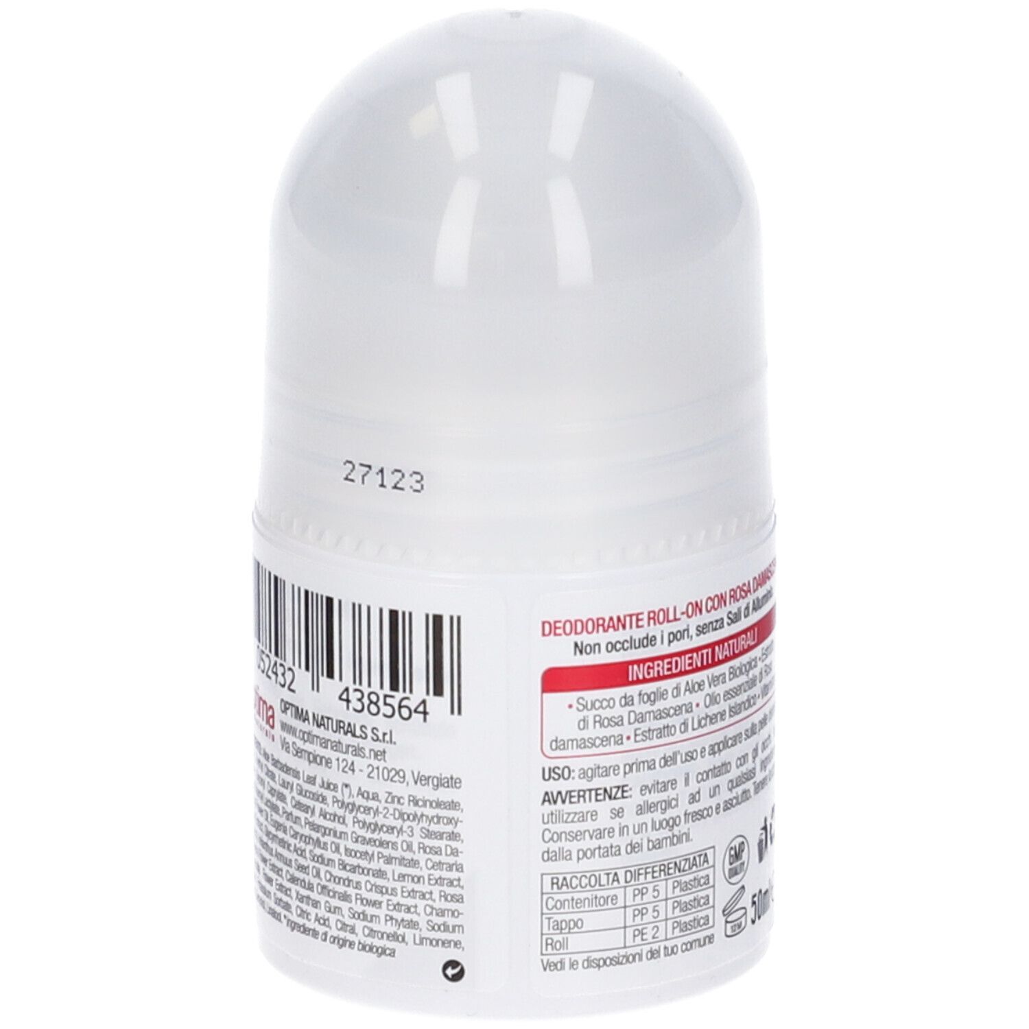 Deodorante roll-on bianco con codice a barre e ingredienti. Scritta: Deodorante Roll-on con Rosa Damascena. 50ml.