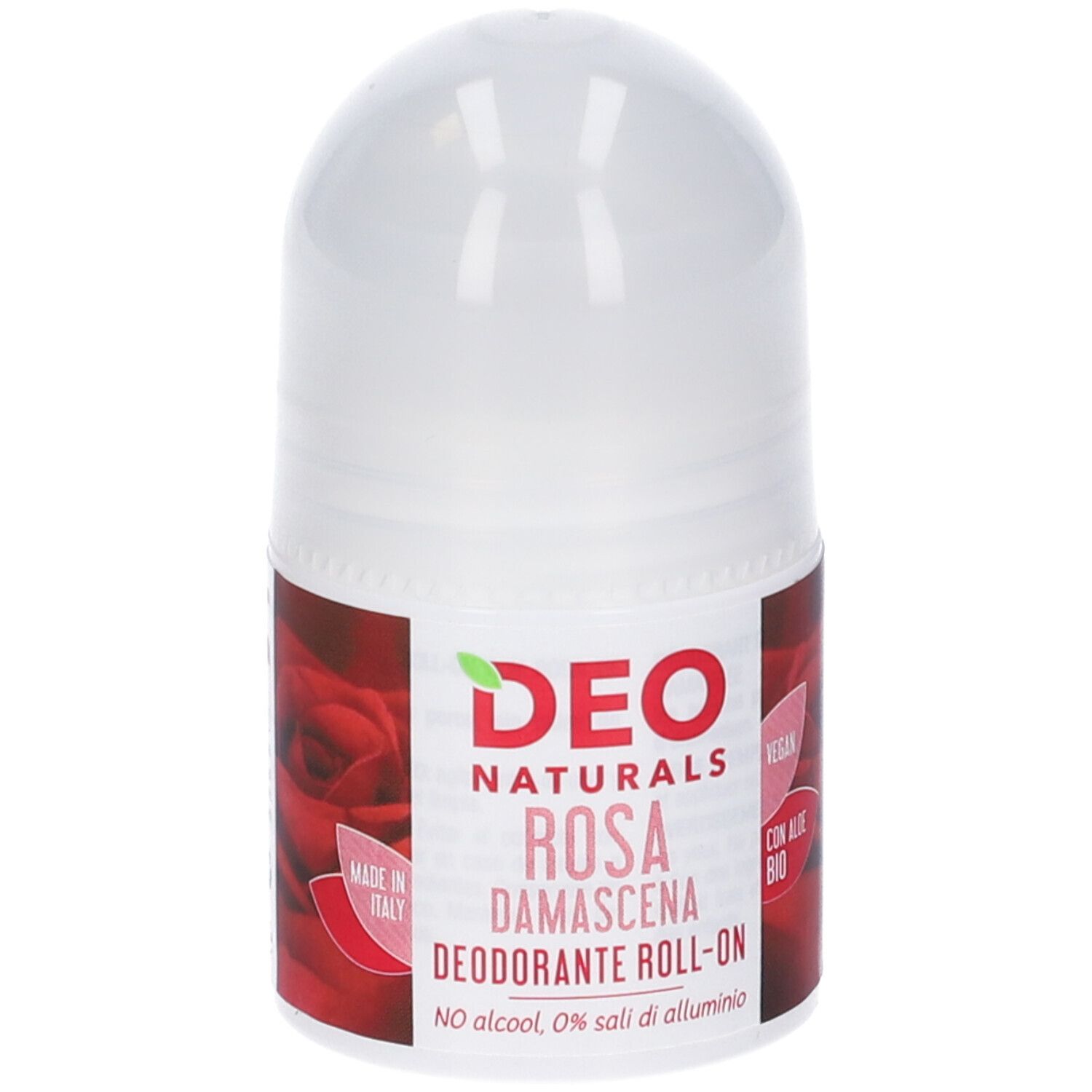 Deodorante roll-on bianco con etichetta rossa. Scritta: Deo Naturals Rosa Damascena. Vegano, senza alcool, senza sali di alluminio.