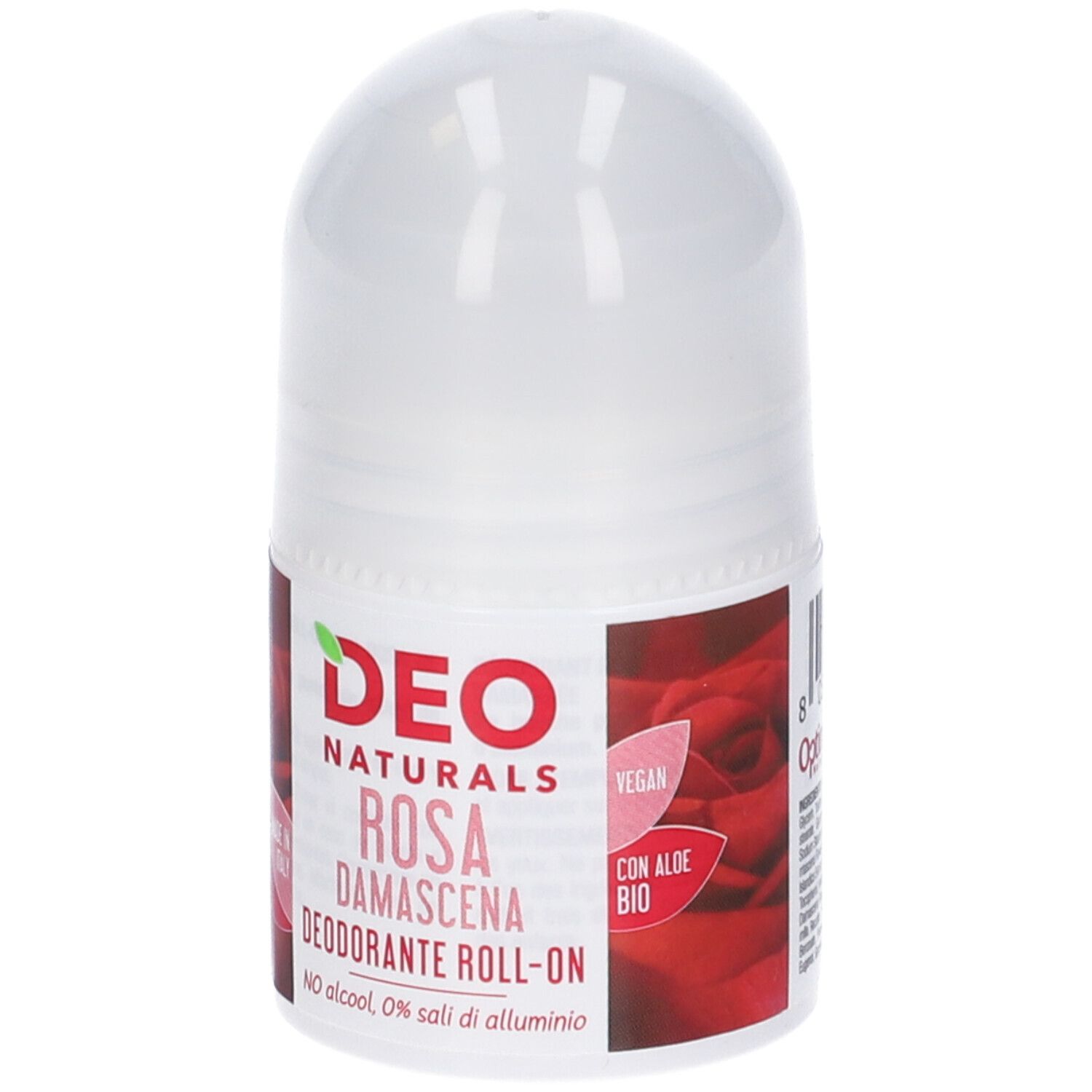 Deodorante roll-on bianco con etichetta rossa. Scritta: Deo Naturals Rosa Damascena. Vegano, con Aloe Bio, senza sali di alluminio.