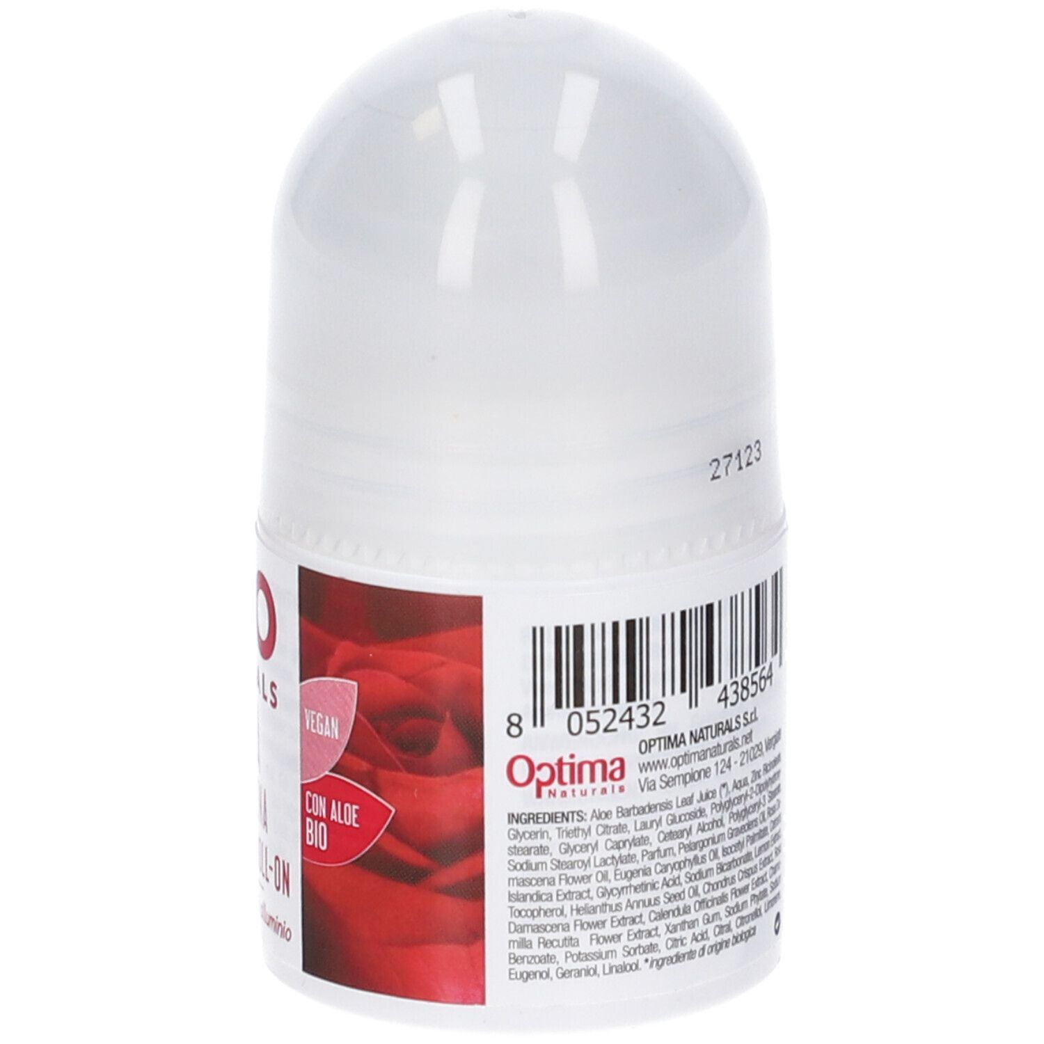 Deodorante roll-on bianco con codice a barre e ingredienti. Scritta: Deo Naturals. Vegano, con Aloe Bio.