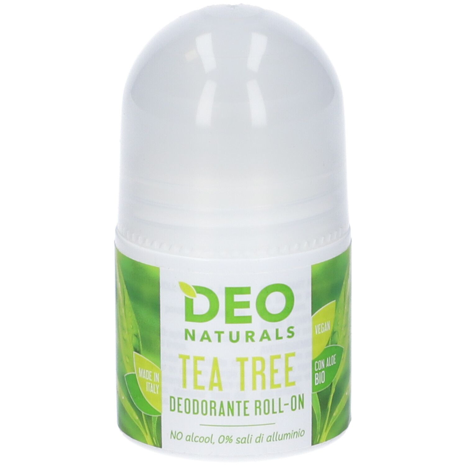 Deodorante roll-on bianco con etichette verdi. Scritta: Deo Naturals Tea Tree Deodorante Roll-on. Vegano, senza alcool, senza sali di alluminio.