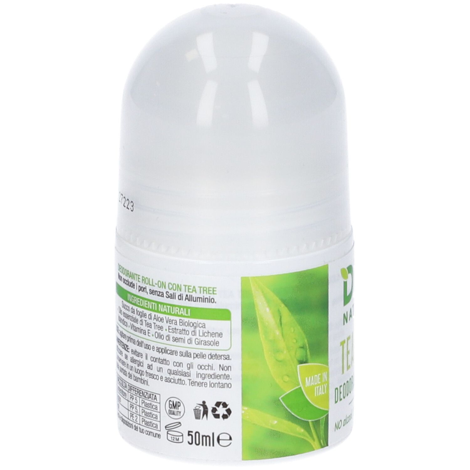 Deodorante roll-on bianco con etichette verdi. Scritta: Ingredienti, 50ml. Retro con ingredienti e informazioni del produttore.