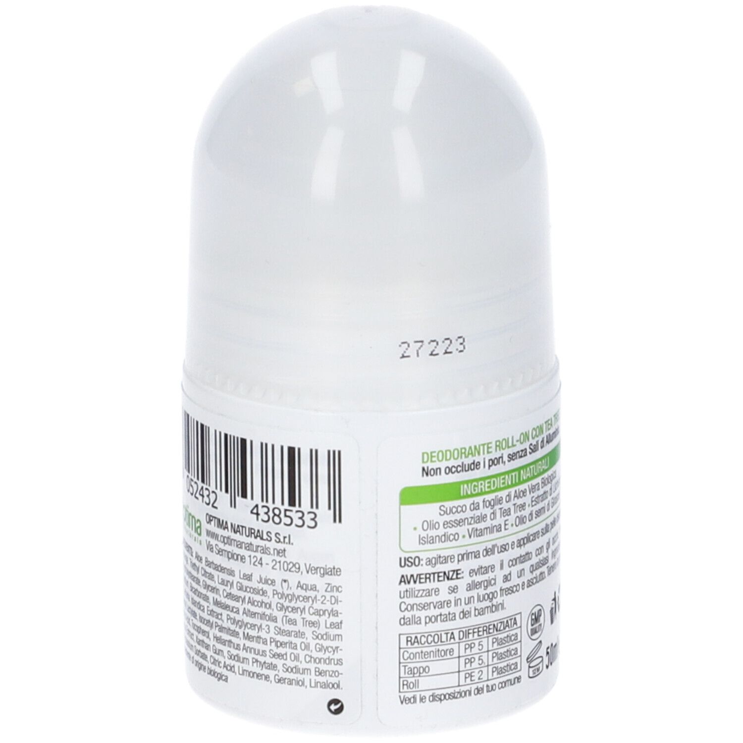 Deodorante roll-on bianco con etichette verdi. Scritta: Ingredienti, 50ml. Codice a barre e informazioni del produttore sul retro.